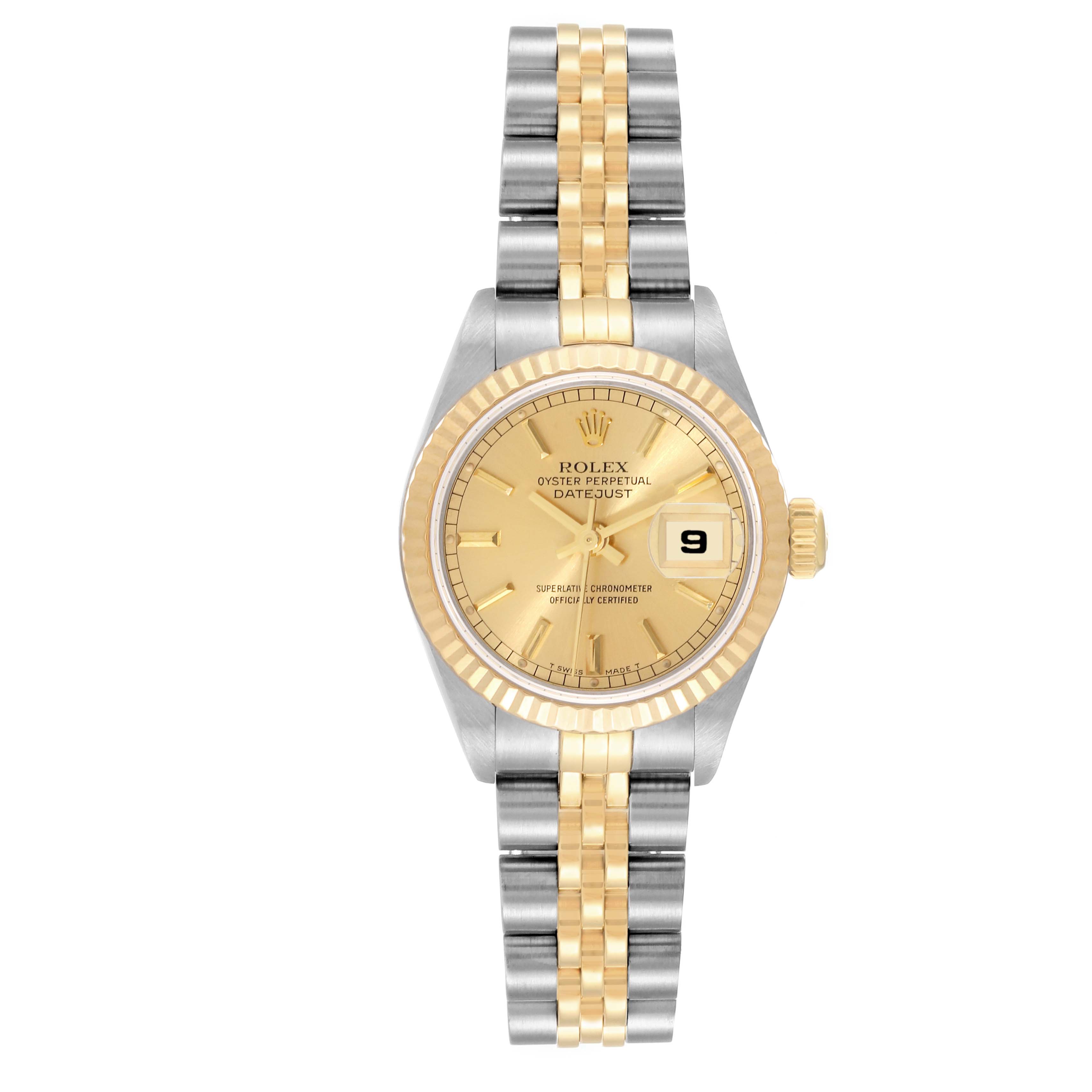 This is a front view of a Rolex Datejust 79173 Women's Steel and Gold (two tone) Champagne Dial 79173 Women's Steel and Gold (two tone) Champagne Dial watch, showcasing the dial, bezel, and two-tone bracelet.