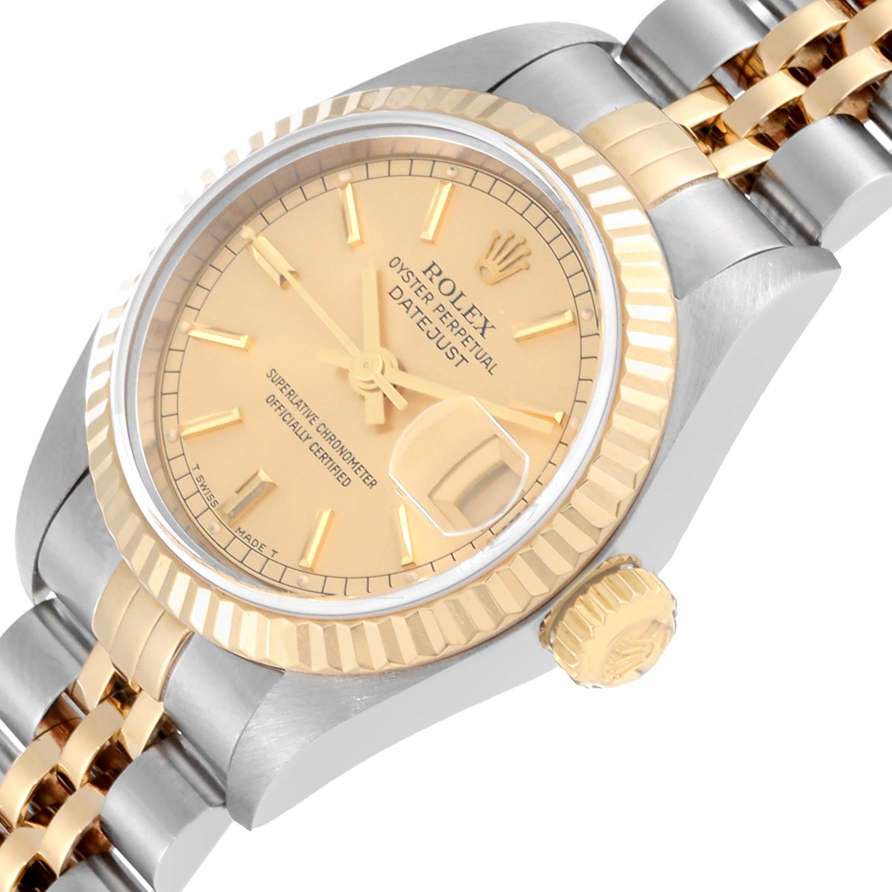 The image shows a close-up, angled view of a Rolex Datejust 79173 Women's Steel and Gold (two tone) Champagne Dial 79173 Women's Steel and Gold (two tone) Champagne Dial watch, displaying the dial, case, crown, and part of the bracelet.