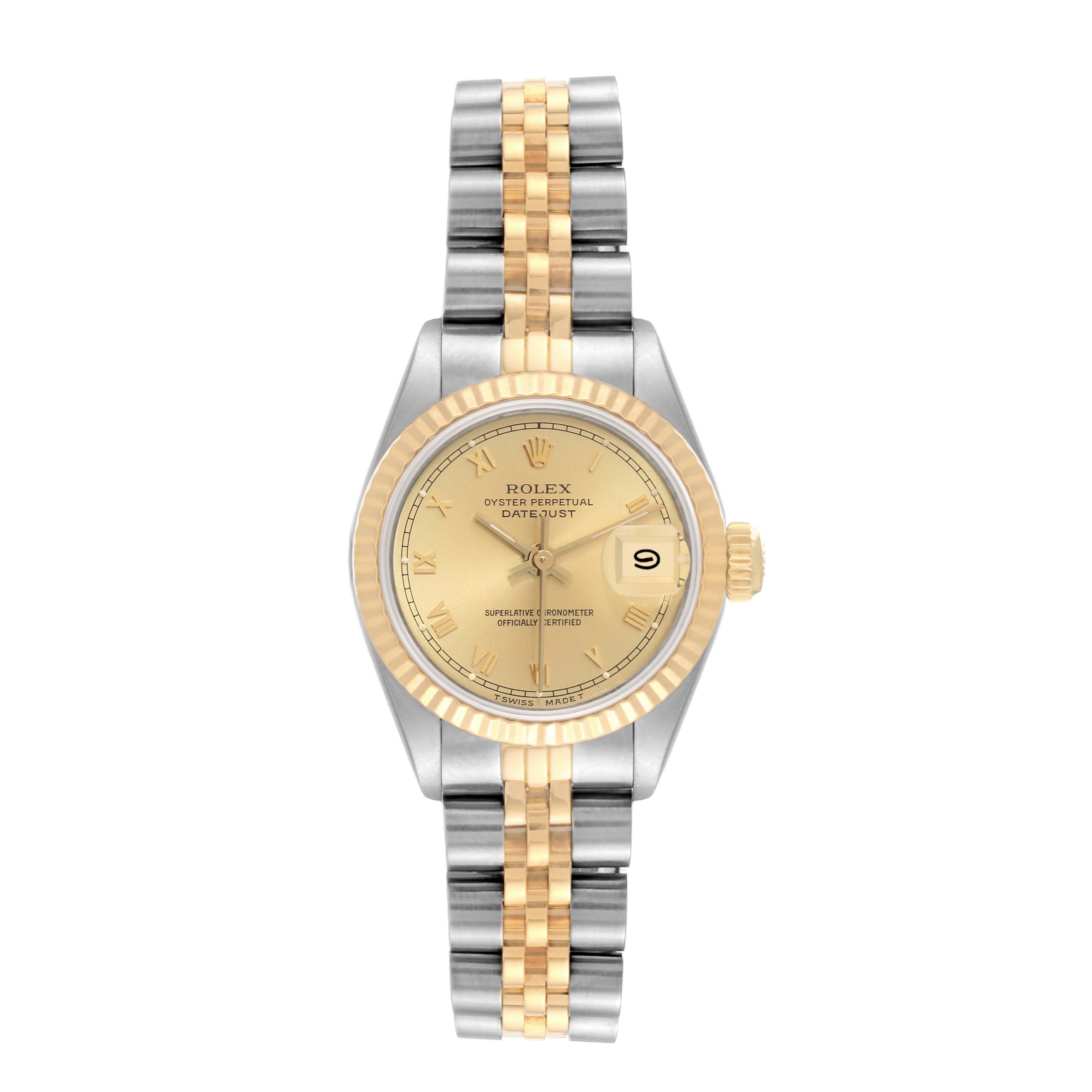 This Rolex Datejust 69173 Women's Steel and Gold (two tone) Champagne Dial 69173 Women's Steel and Gold (two tone) Champagne Dial watch is shown from the front, displaying its dial, bezel, and bracelet.