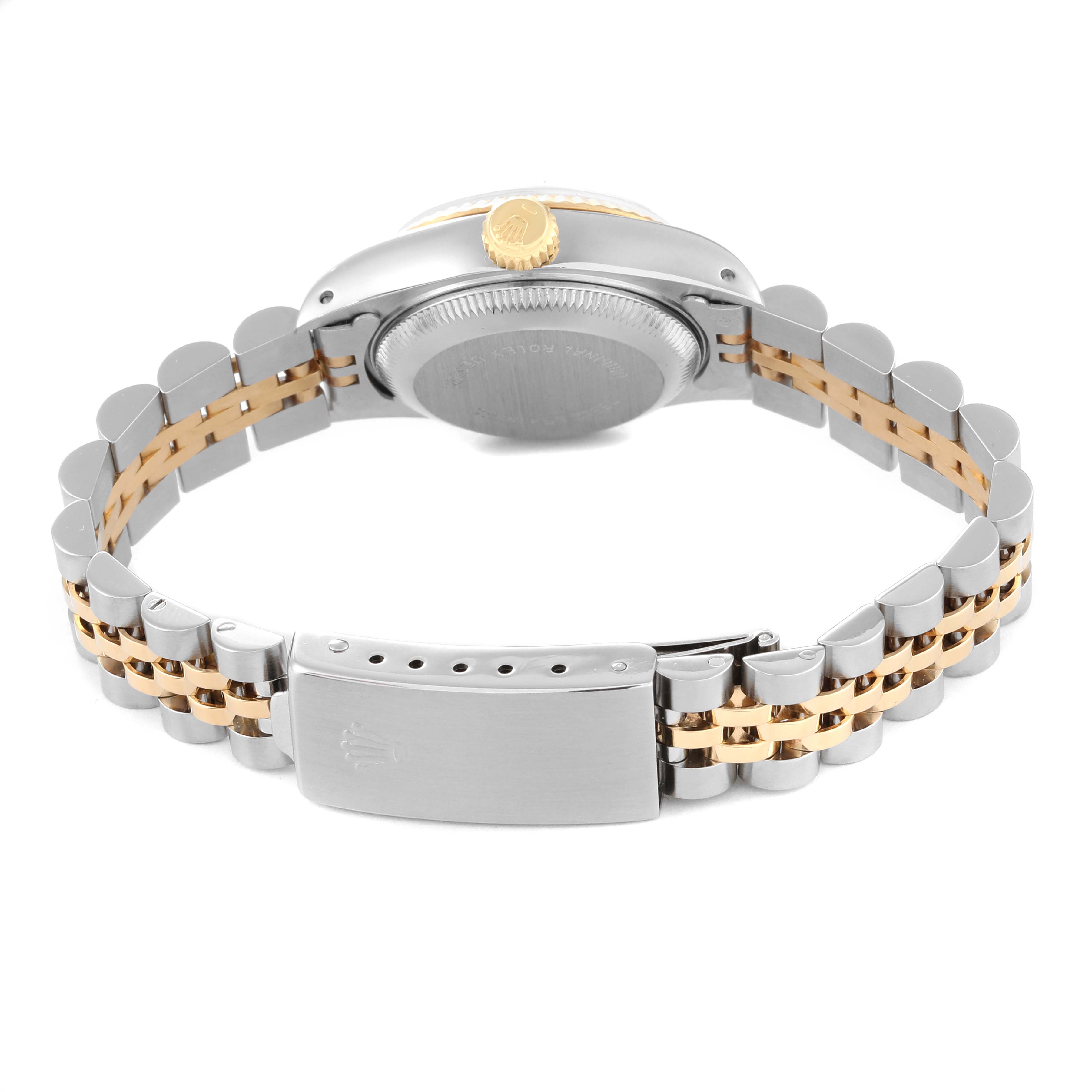 The image shows the back and bracelet of a Rolex Datejust 69173 Women's Steel and Gold (two tone) Champagne Dial 69173 Women's Steel and Gold (two tone) Champagne Dial watch, highlighting its clasp and case back.