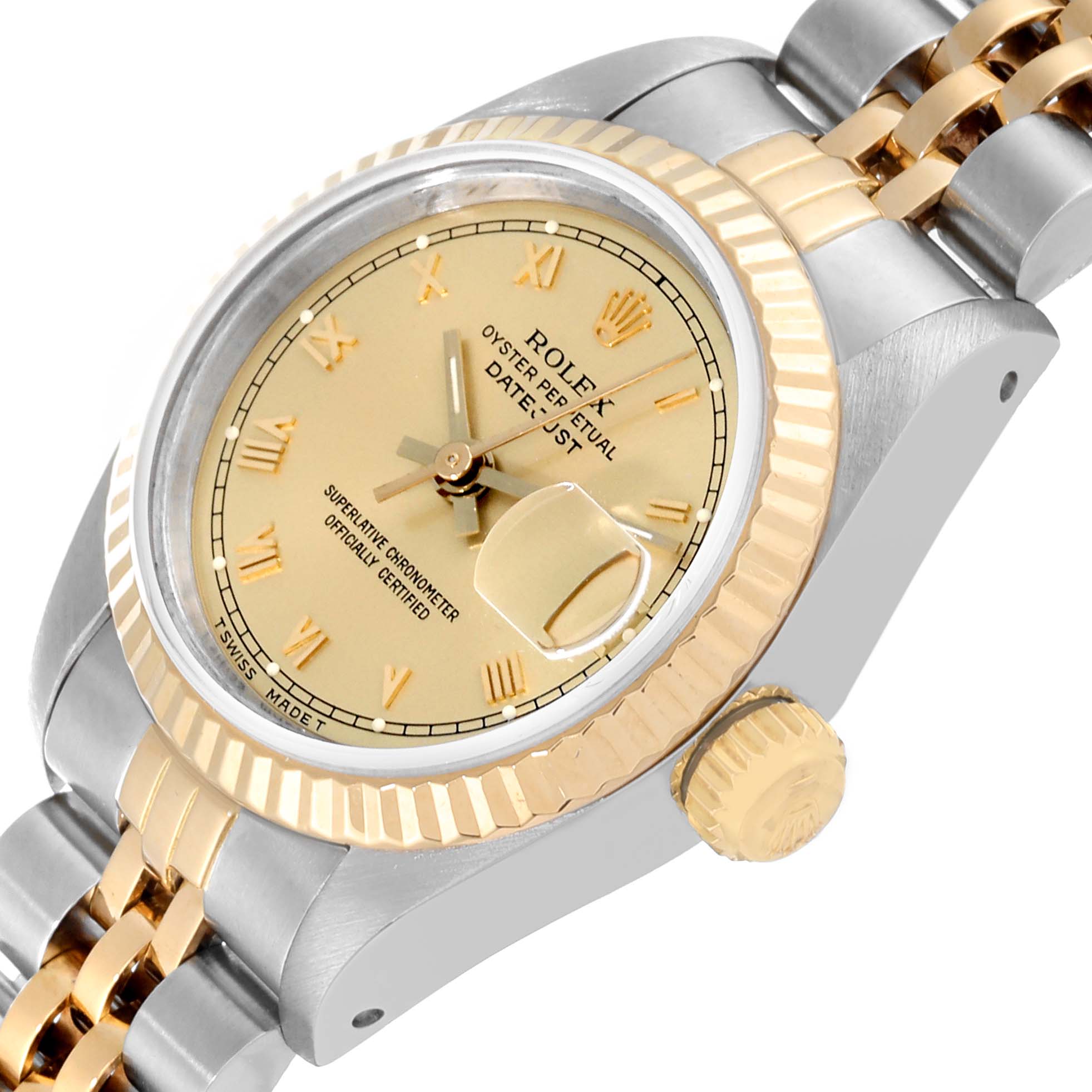 The image shows a close-up of the Rolex Datejust 69173 Women's Steel and Gold (two tone) Champagne Dial 69173 Women's Steel and Gold (two tone) Champagne Dial watch, highlighting the dial, bezel, crown, and part of the bracelet.