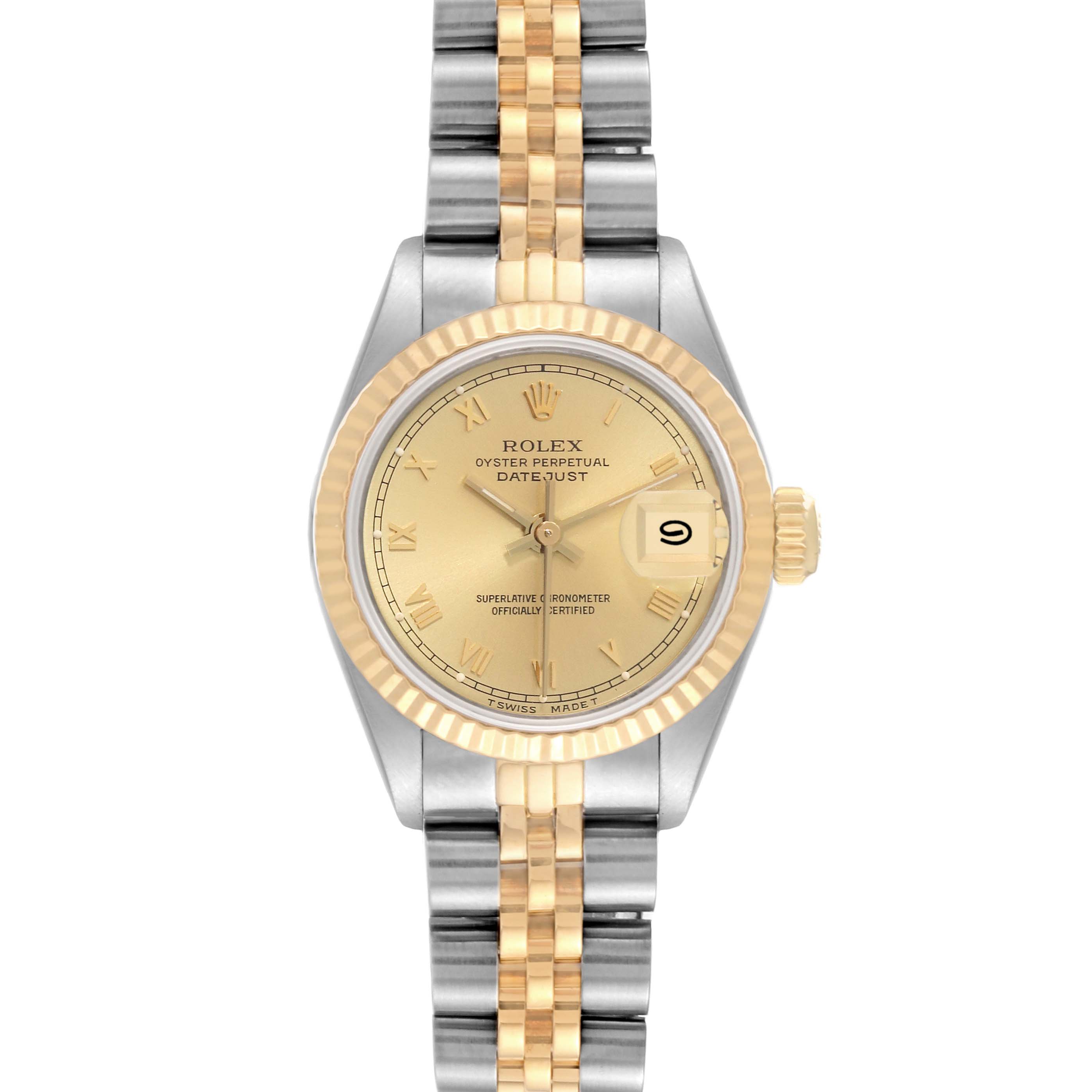 The image shows a Rolex Datejust 69173 Women's Steel and Gold (two tone) Champagne Dial 69173 Women's Steel and Gold (two tone) Champagne Dial watch with a two-tone metal bracelet, gold fluted bezel, and champagne dial viewed from the front.