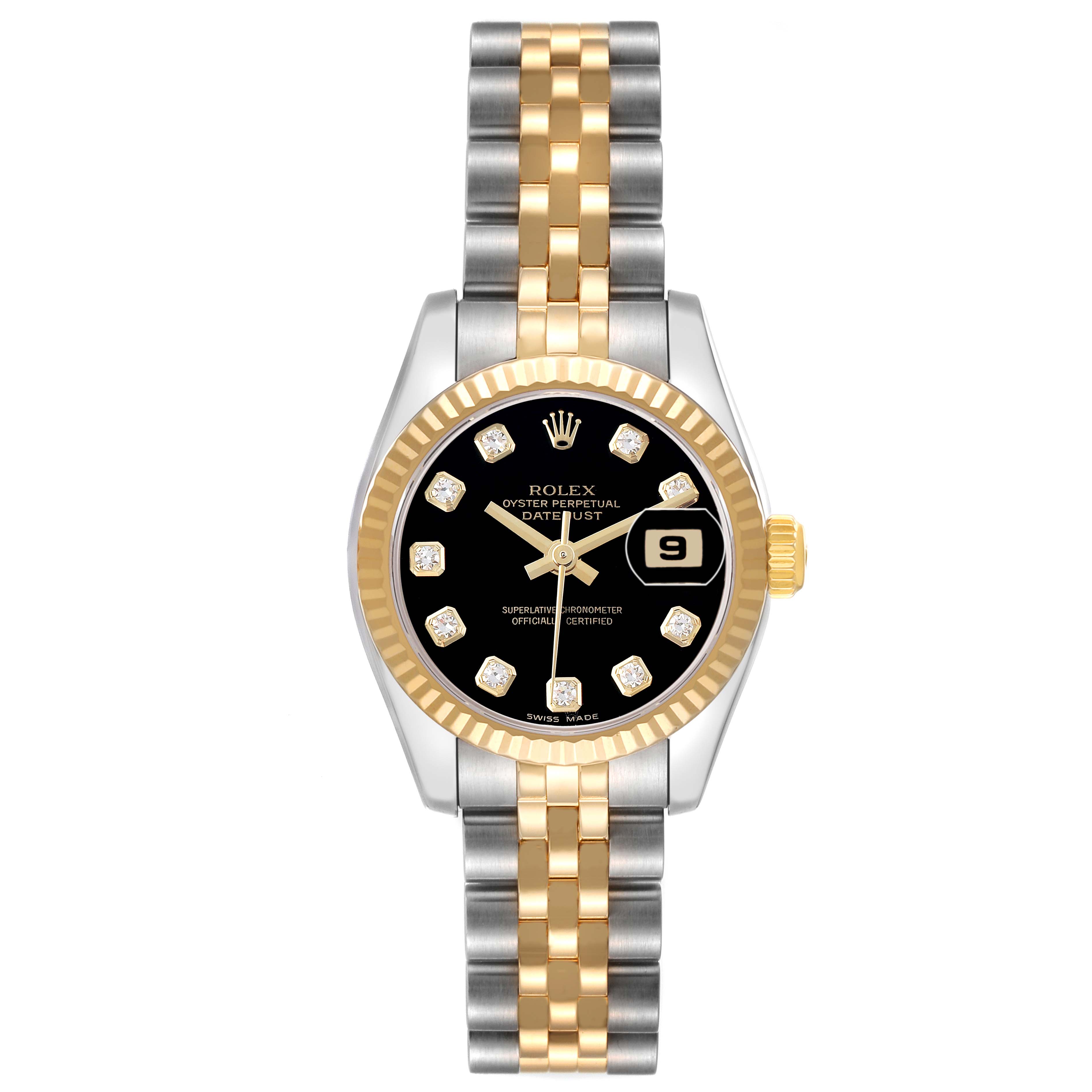The Rolex Datejust 179173 Women's Steel and Gold (two tone) Black Dial watch is shown from the front, highlighting the dial, bezel, case, and two-tone bracelet.