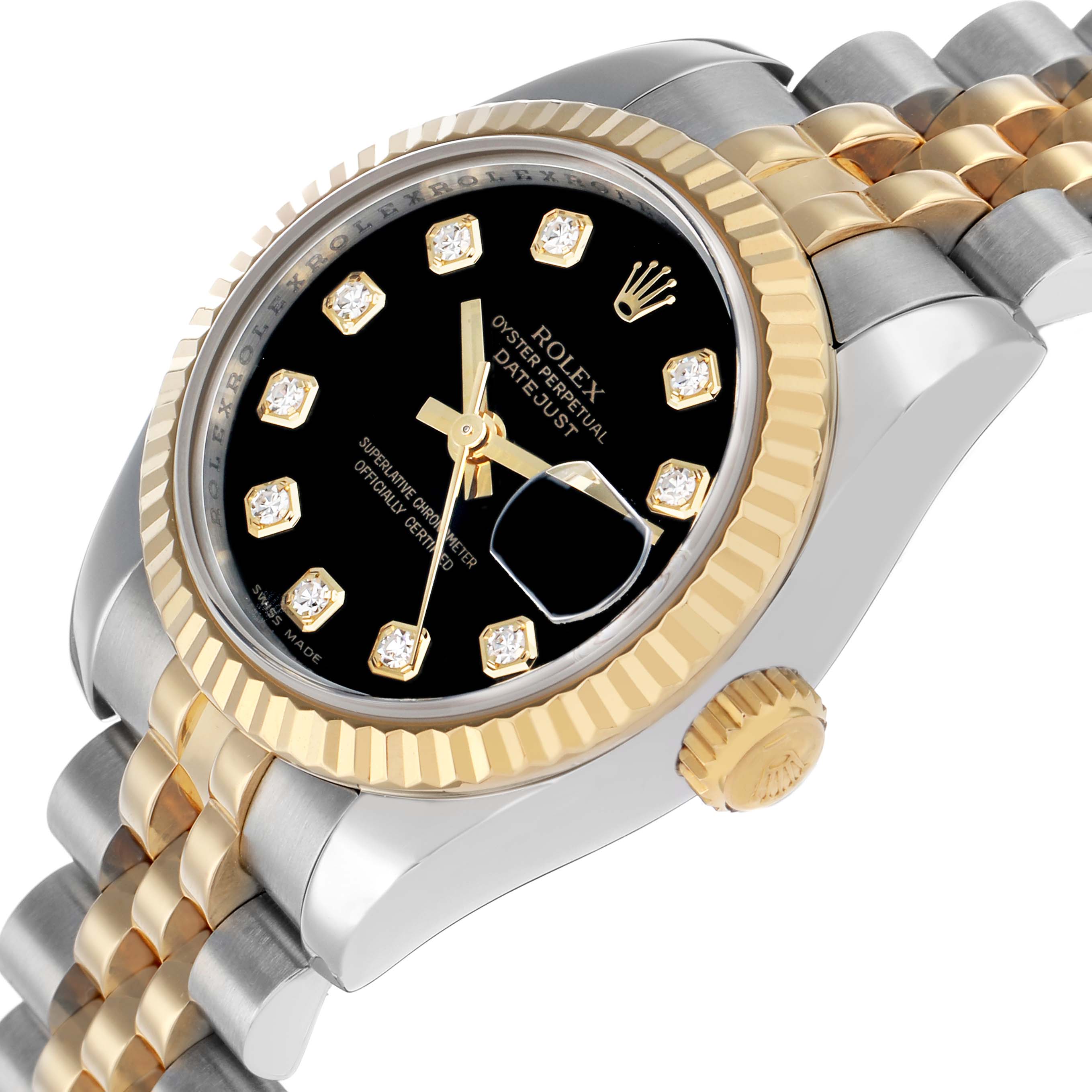 The Rolex Datejust 179173 Women's Steel and Gold (two tone) Black Dial watch is shown at an angle highlighting the black dial, gold bezel, and two-tone bracelet.