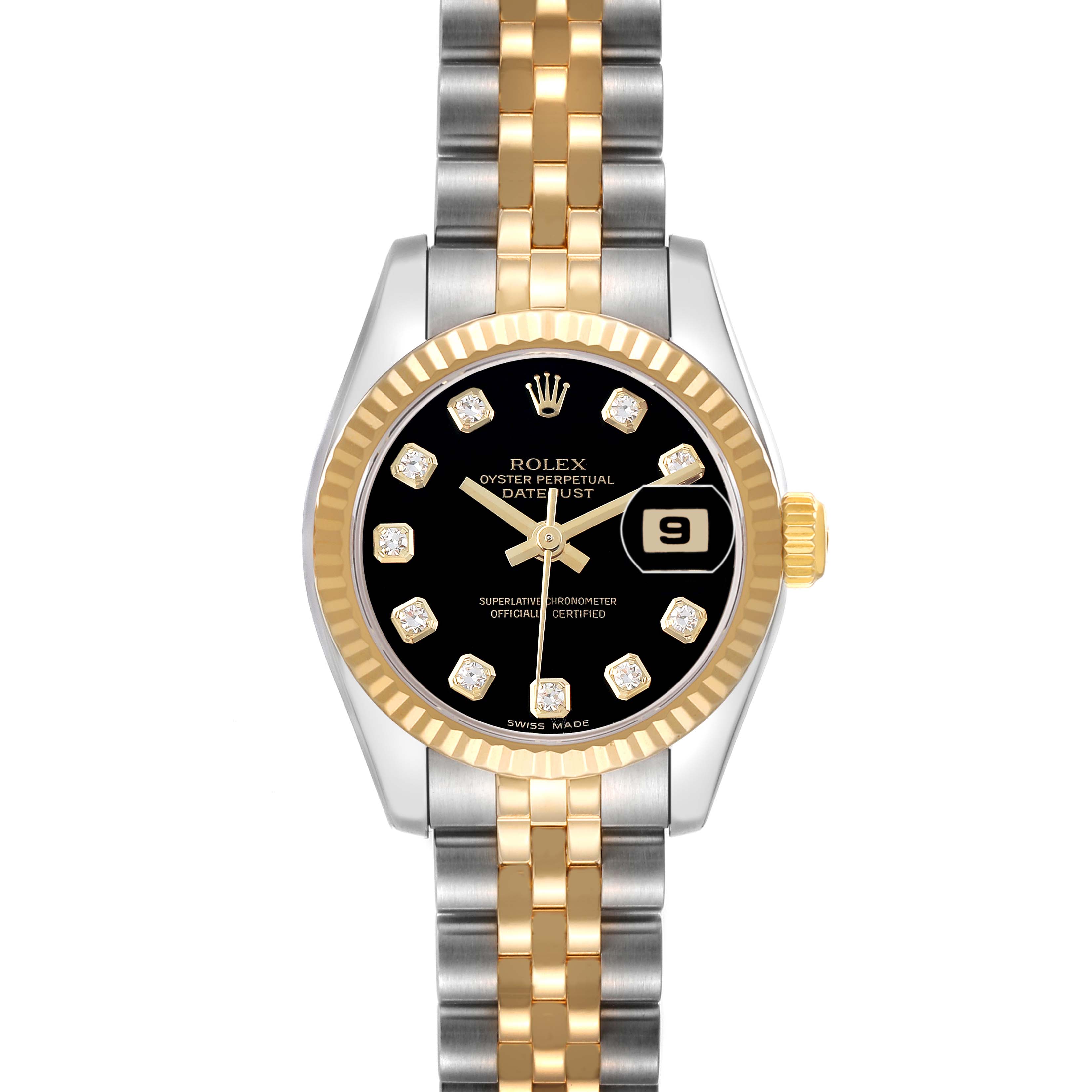 The Rolex Datejust 179173 Women's Steel and Gold (two tone) Black Dial watch is shown from a top-down angle, highlighting its dial, bezel, and two-tone bracelet.