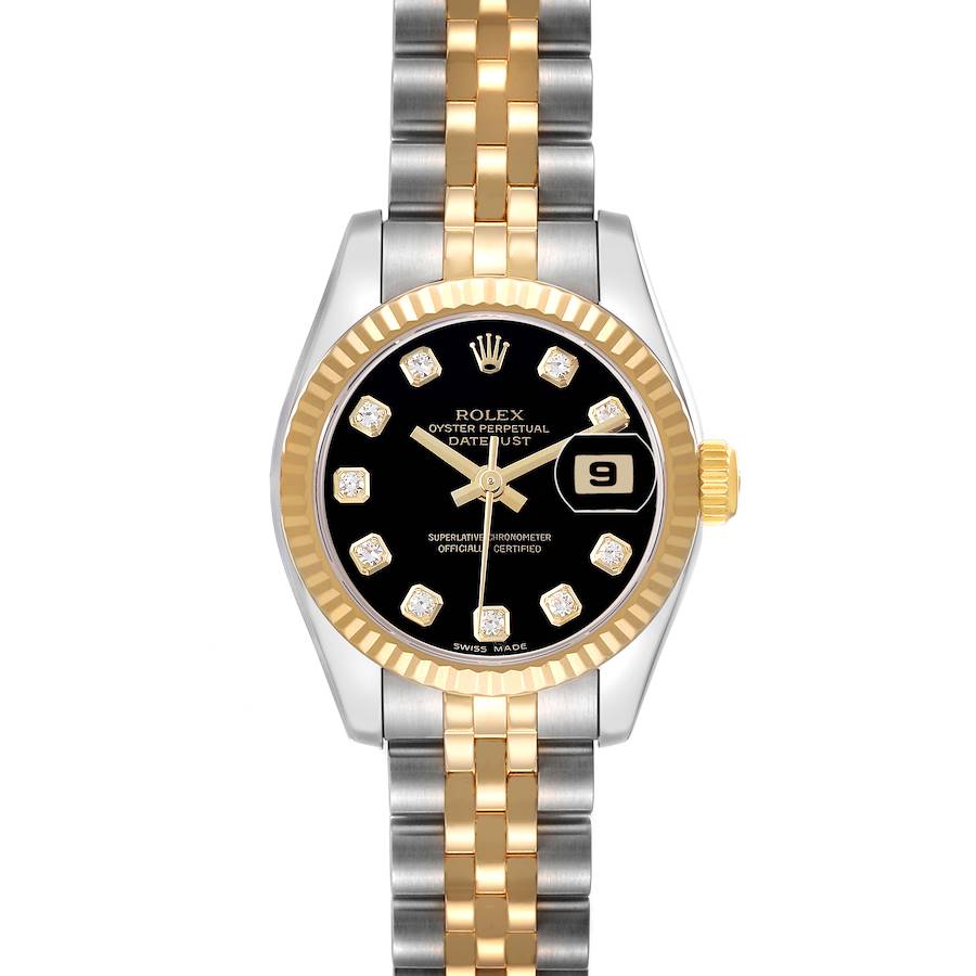 The Rolex Datejust 179173 Women's Steel and Gold (two tone) Black Dial watch is shown from a top-down angle, highlighting its dial, bezel, and two-tone bracelet.