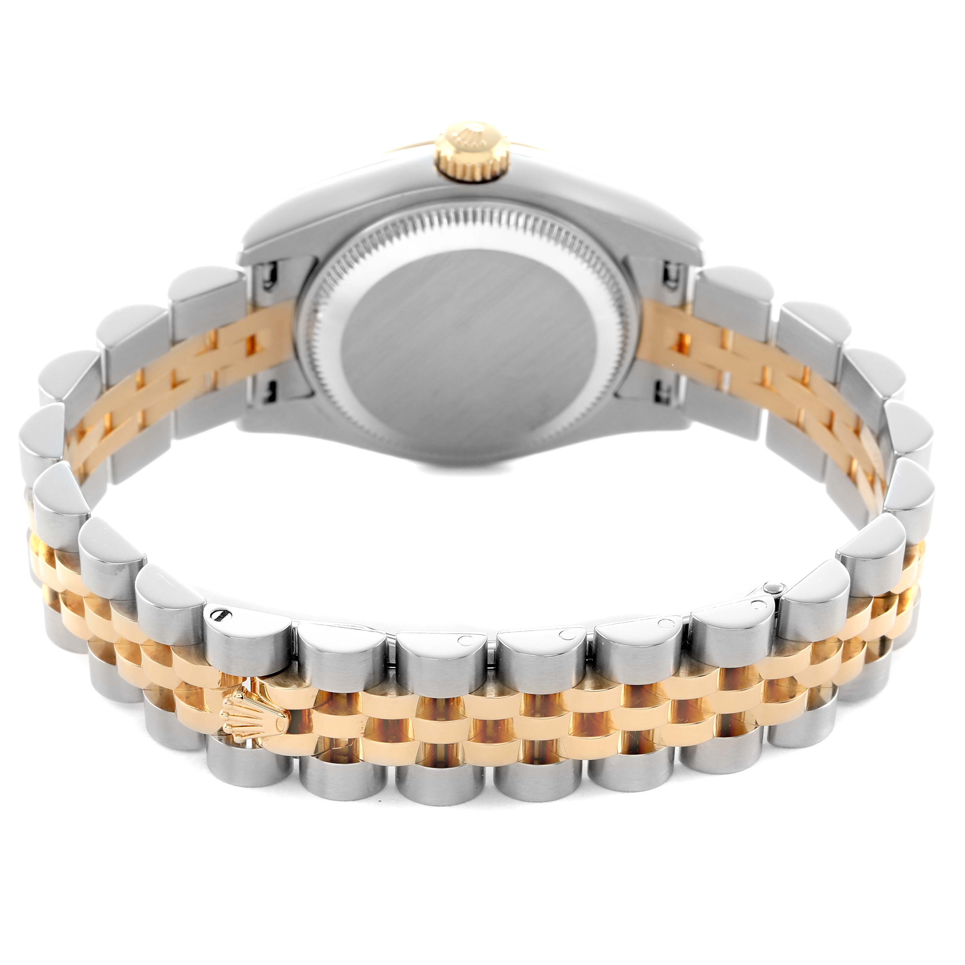 The image shows the back of a Rolex Datejust 179173 Women's Steel and Gold (two tone) Black Dial watch, highlighting the case back, bracelet, and crown from an angled rear view.