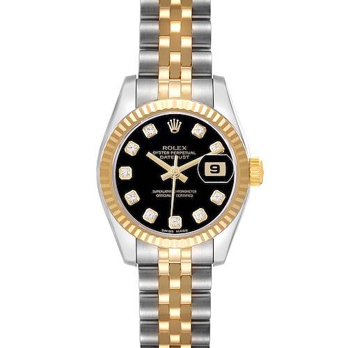 The Rolex Datejust 179173 Women
s Steel and Gold (two tone) Black Dial watch is shown from the front, highlighting its black dial, gold bezel, and two-tone bracelet.