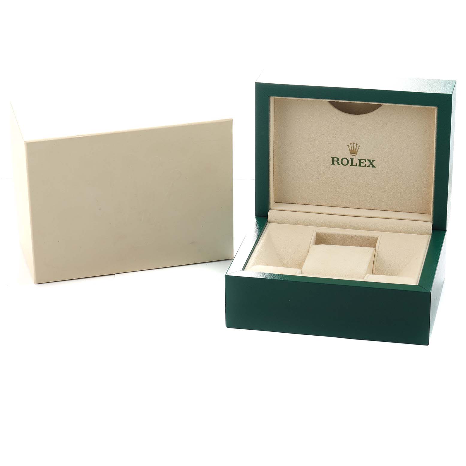 The image shows an open Rolex Datejust 179173 Women's Steel and Gold (two tone) Black Dial box and its outer box from a front angle.