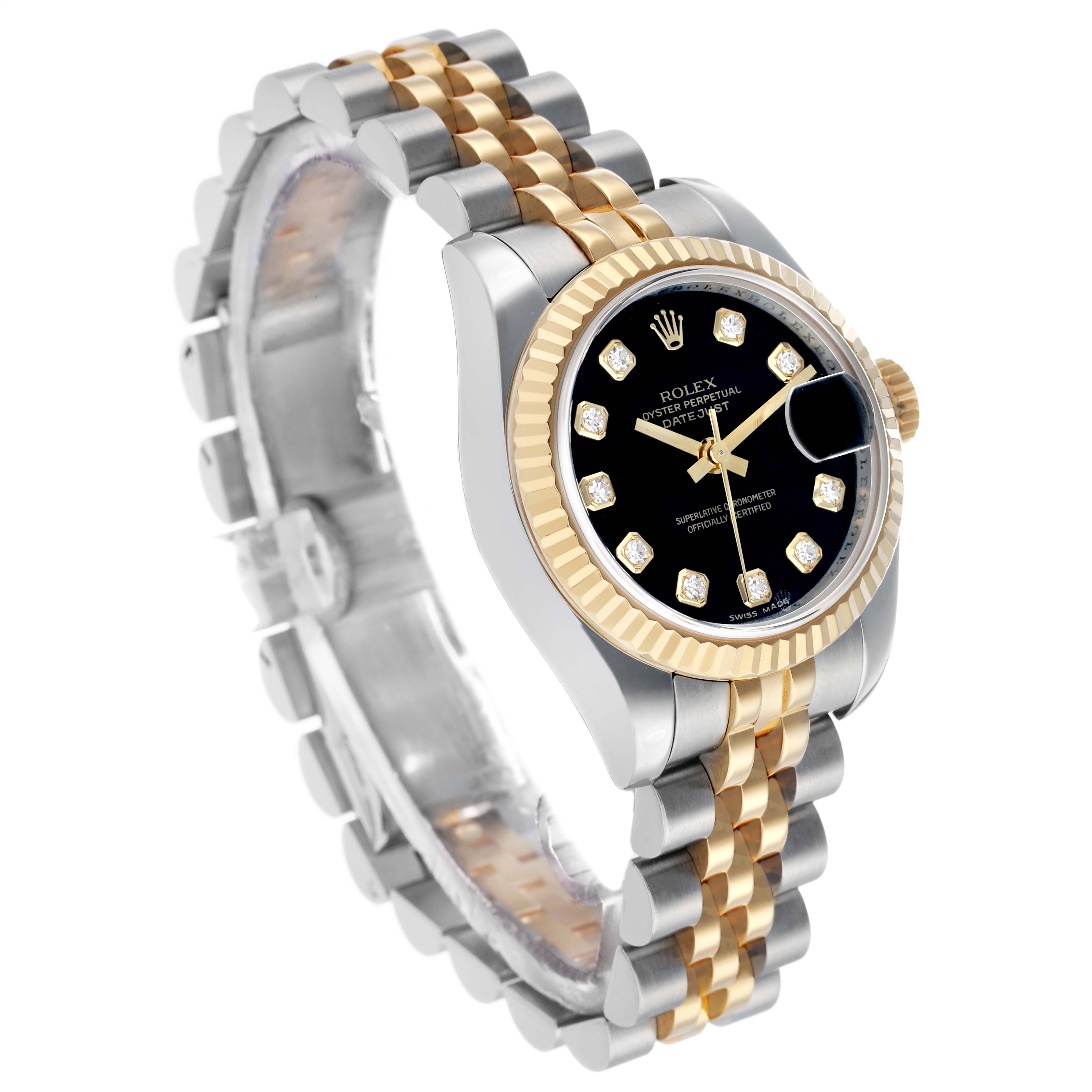The Rolex Datejust 179173 Women's Steel and Gold (two tone) Black Dial watch is shown from a three-quarter angle, highlighting the bezel, dial, and two-tone bracelet.