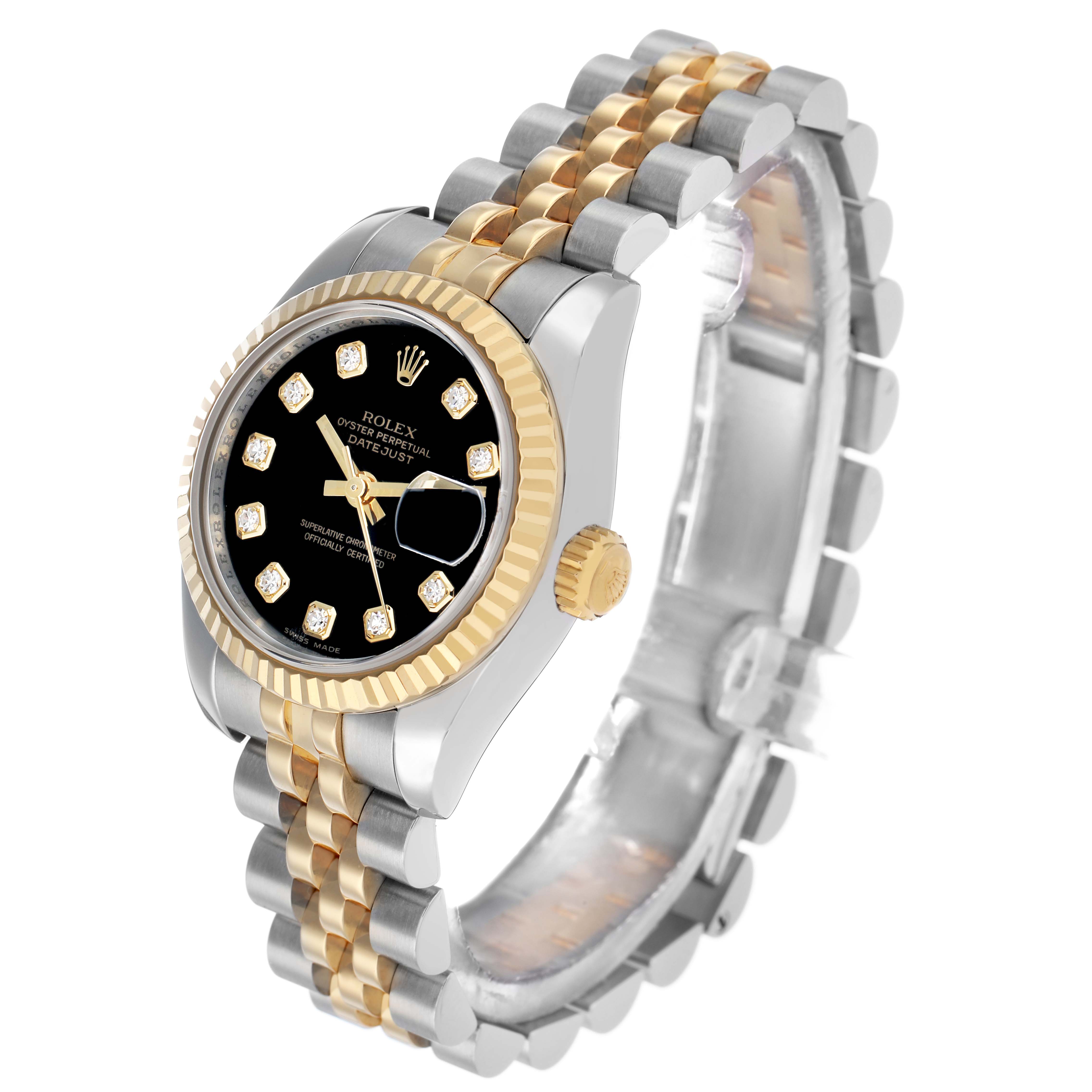 The Rolex Datejust 179173 Women's Steel and Gold (two tone) Black Dial watch is shown at an angled side view, highlighting the bezel, dial, crown, and two-tone bracelet.