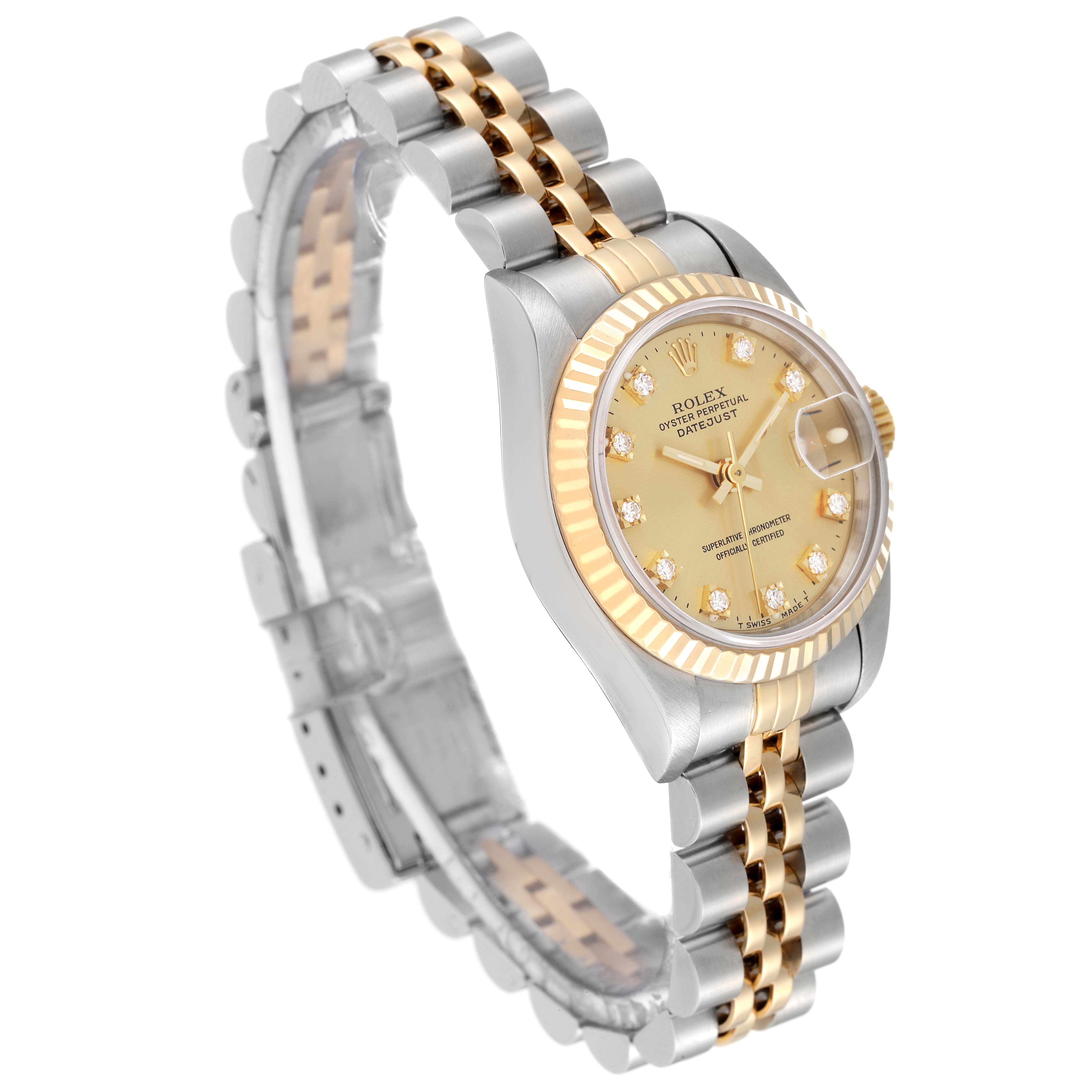 The image shows a Rolex Datejust 69173 Women's Steel and Gold (two tone) Champagne Dial 69173 Women's Steel and Gold (two tone) Champagne Dial watch at a three-quarter angle, highlighting its two-tone bracelet and champagne dial with diamond hour markers.