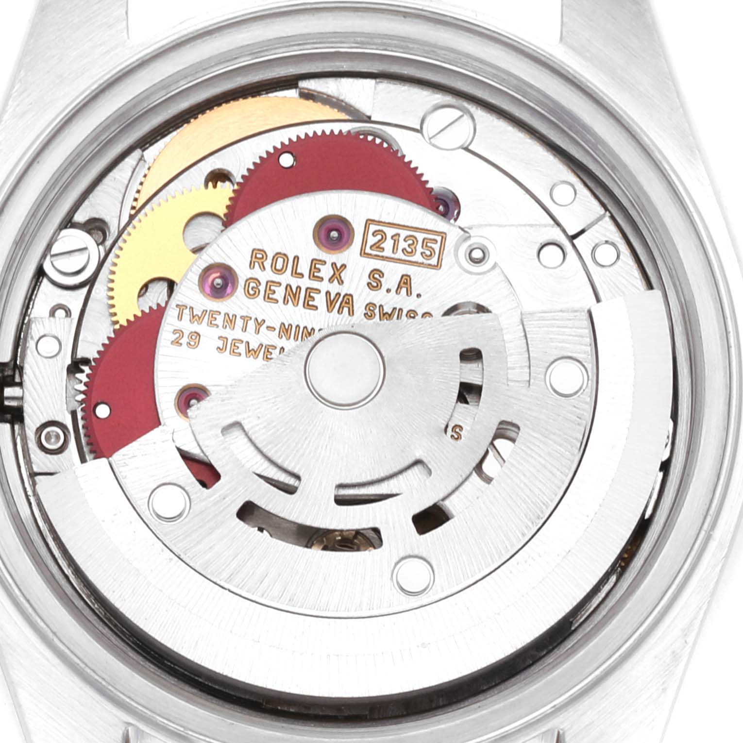 This image shows the internal movement mechanism of the Rolex Datejust 69173 Women's Steel and Gold (two tone) Champagne Dial 69173 Women's Steel and Gold (two tone) Champagne Dial watch, viewed from a top-down angle.