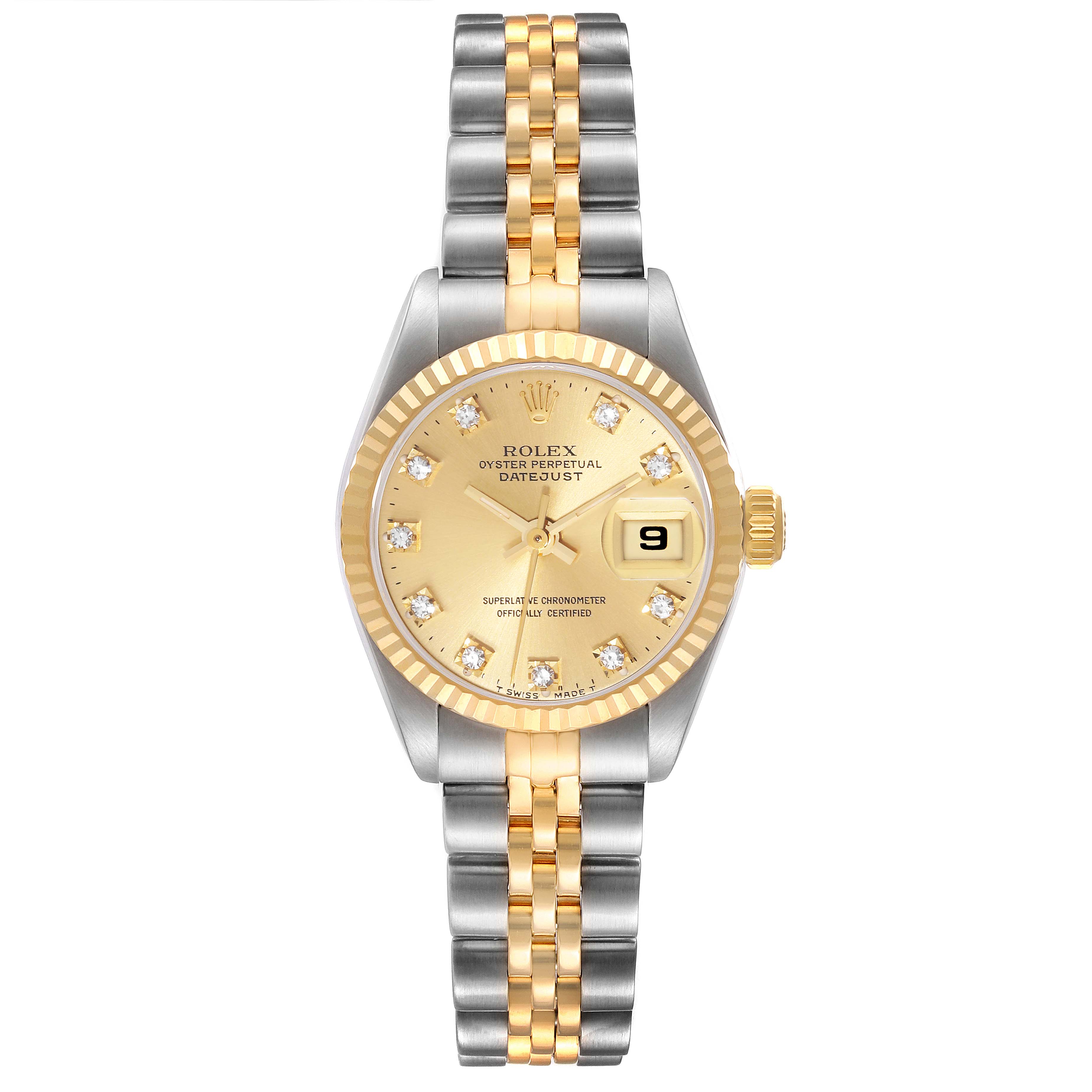 This image shows a Rolex Datejust 69173 Women's Steel and Gold (two tone) Champagne Dial 69173 Women's Steel and Gold (two tone) Champagne Dial watch from a top-down view, highlighting the dial, bezel, crown, and the Jubilee bracelet.