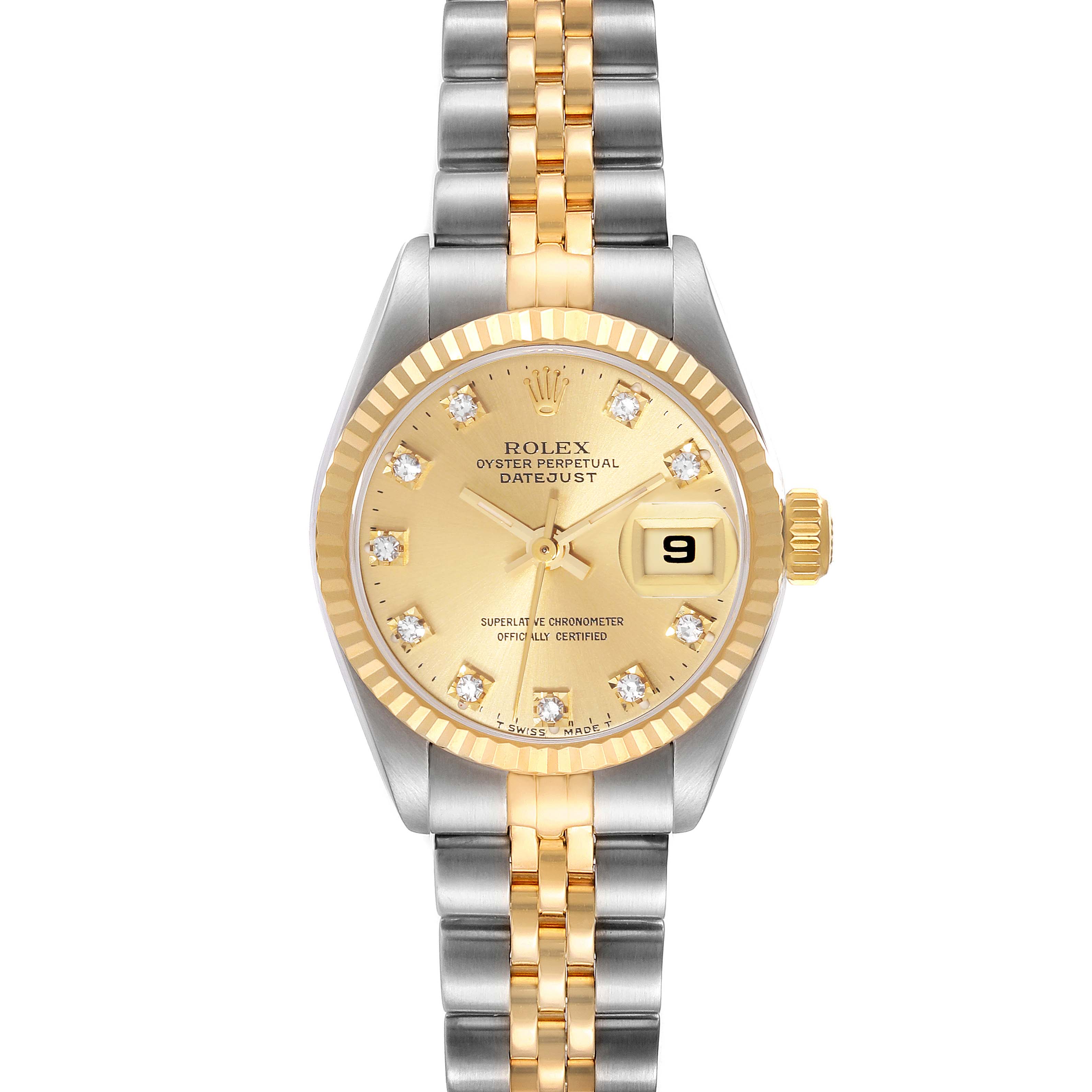 The Rolex Datejust 69173 Women's Steel and Gold (two tone) Champagne Dial 69173 Women's Steel and Gold (two tone) Champagne Dial watch is shown in a straight-on view, featuring a gold dial, diamond hour markers, date window, and two-tone bracelet.
