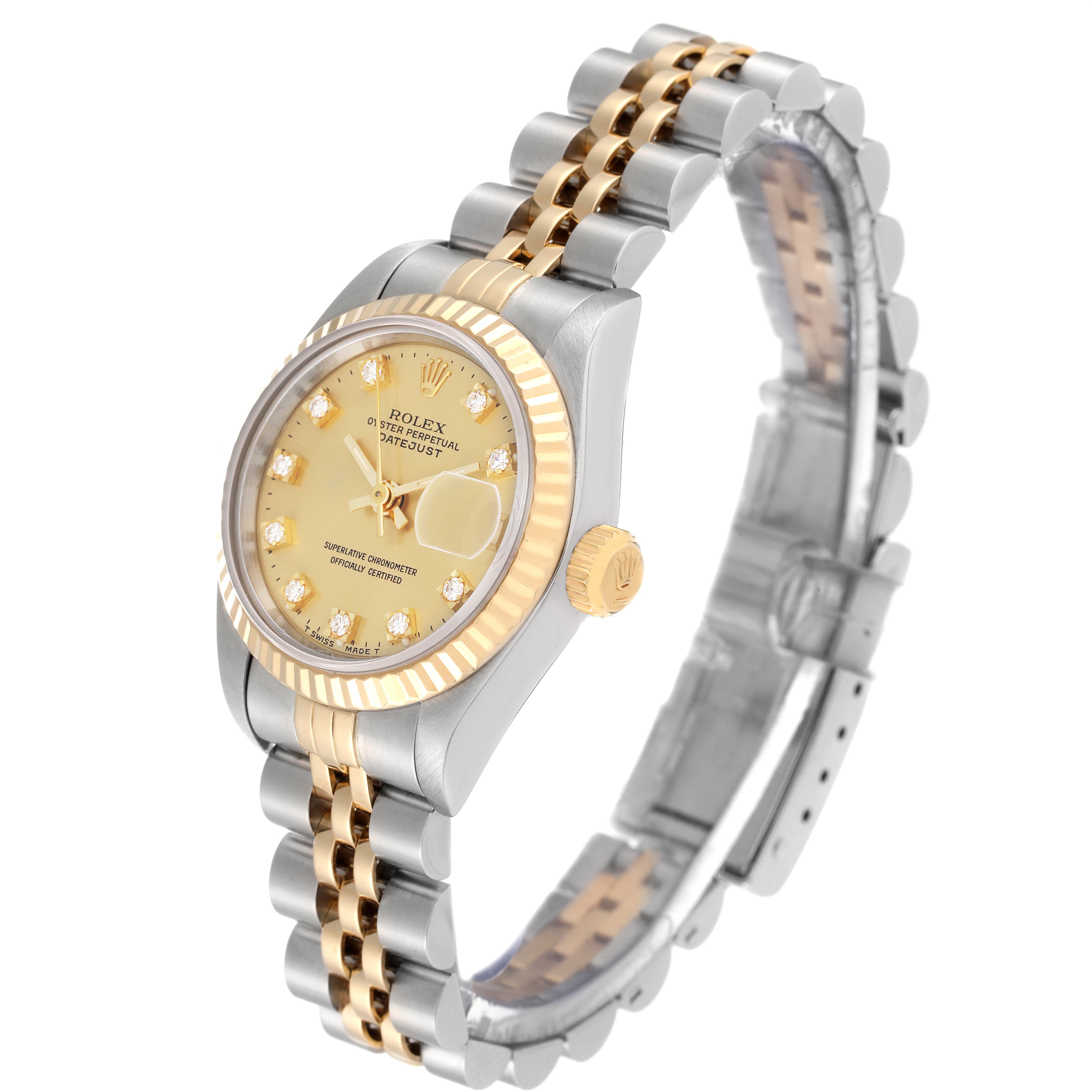 The Rolex Datejust 69173 Women's Steel and Gold (two tone) Champagne Dial 69173 Women's Steel and Gold (two tone) Champagne Dial watch is shown at an angle displaying its face, fluted bezel, crown, and two-tone jubilee bracelet.