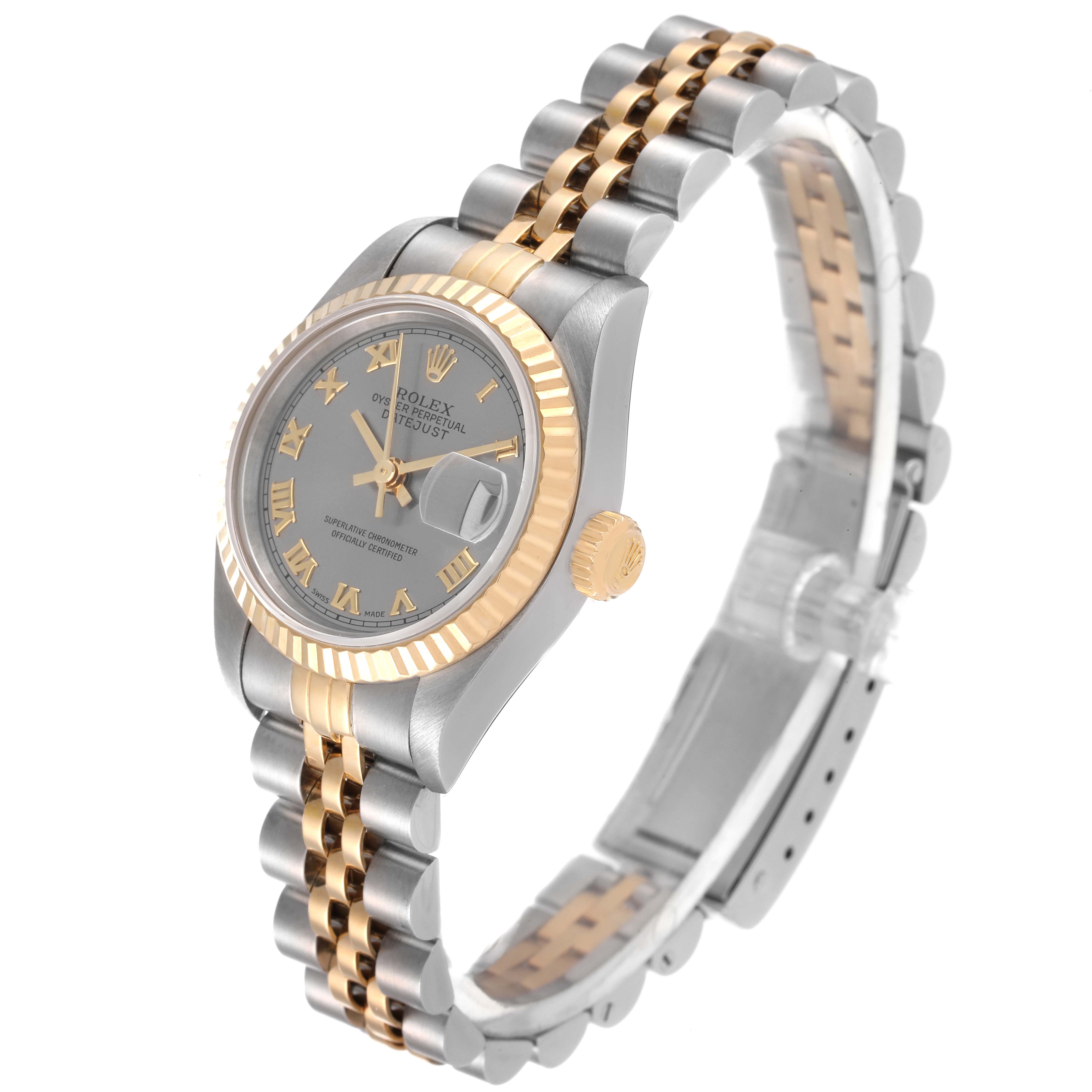 The image shows a side and angled view of the Rolex Datejust 69173 Women
s Steel and Gold (two tone) Grey Dial 69173 Women
s Steel and Gold (two tone) Grey Dial watch, highlighting its two-tone bracelet, bezel, and crown.