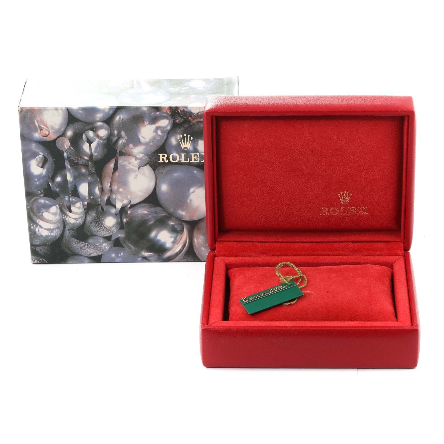 The image shows a red Rolex Datejust 69173 Women
s Steel and Gold (two tone) Grey Dial 69173 Women
s Steel and Gold (two tone) Grey Dial watch box and the outer packaging from a front angle.