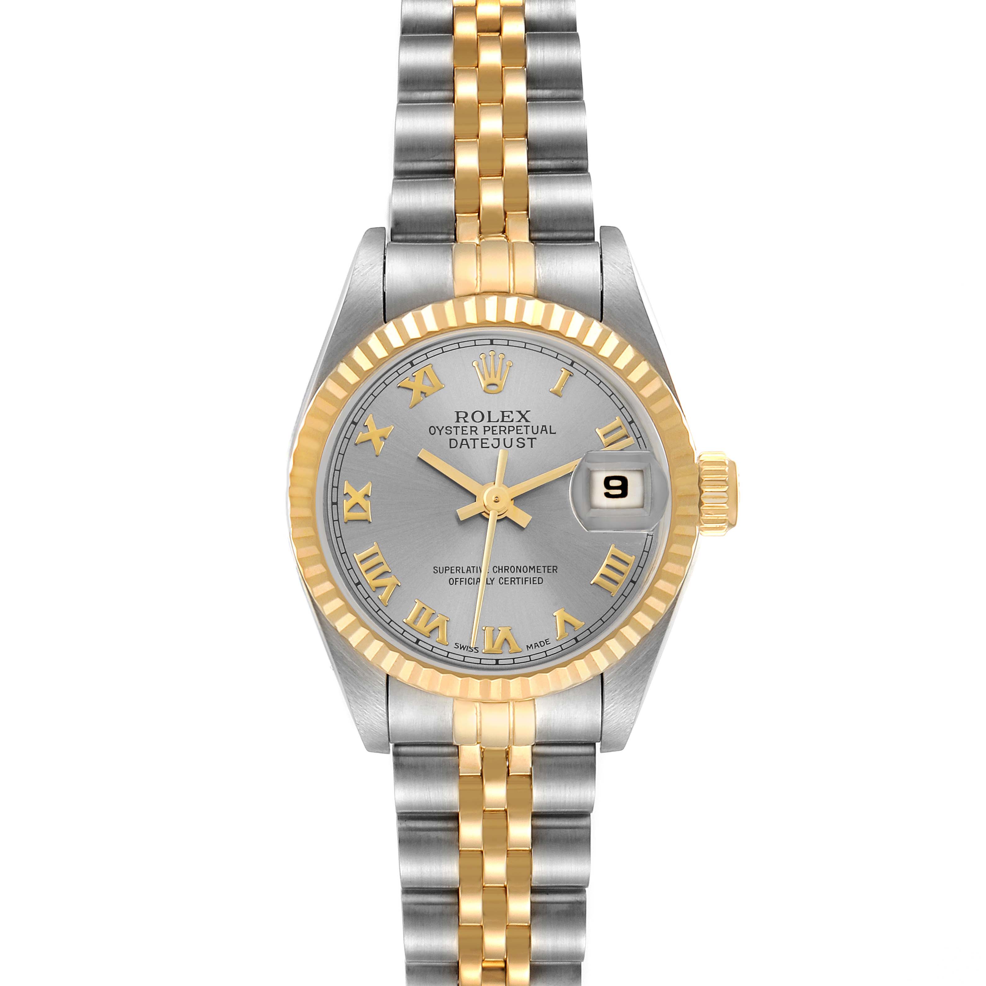 This Rolex Datejust 69173 Women
s Steel and Gold (two tone) Grey Dial 69173 Women
s Steel and Gold (two tone) Grey Dial model is shown from a front angle, displaying the bezel, dial, hands, and bracelet.