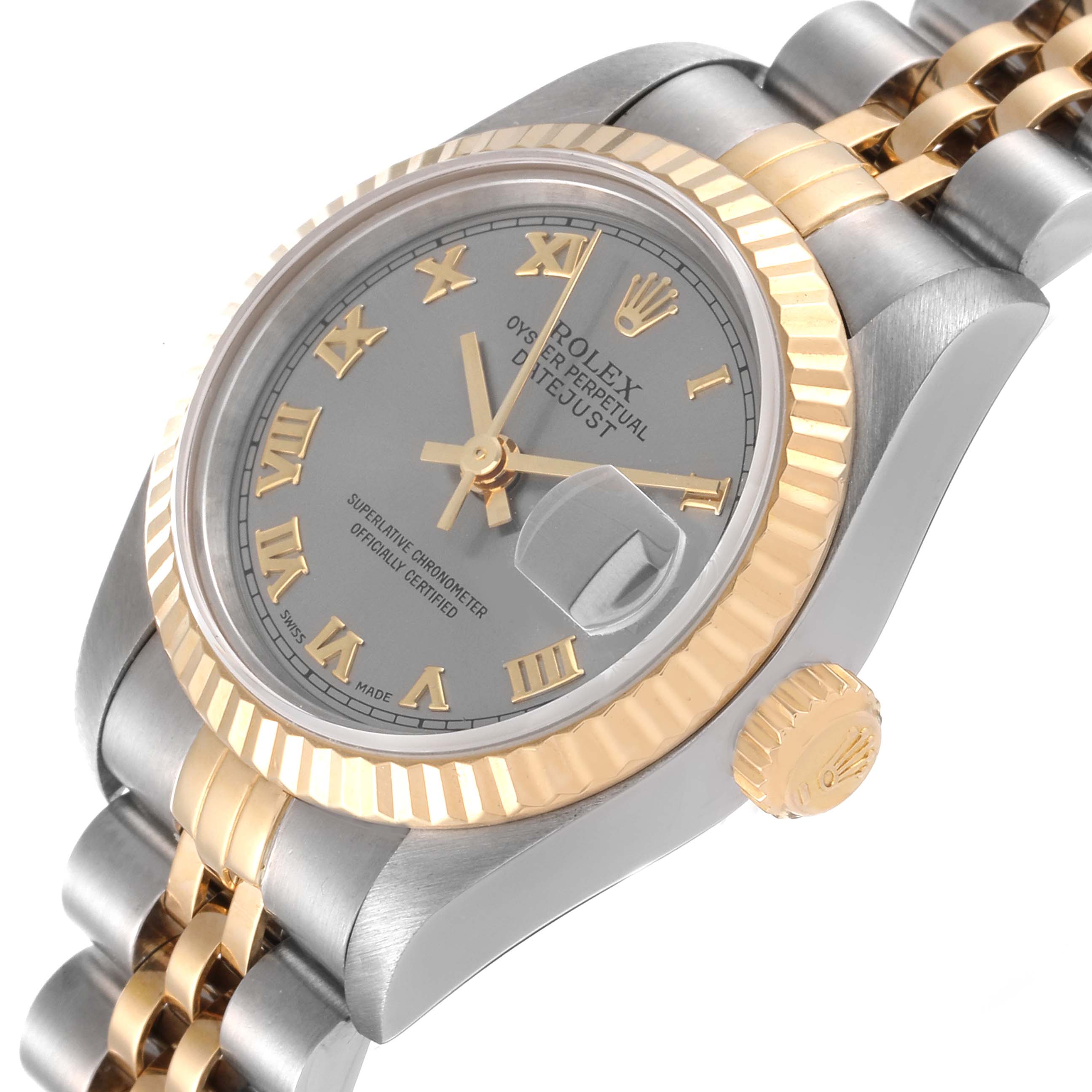 The image shows a side angle view of a Rolex Datejust 69173 Women
s Steel and Gold (two tone) Grey Dial 69173 Women
s Steel and Gold (two tone) Grey Dial watch, focusing on the dial, bezel, crown, and a portion of the bracelet.