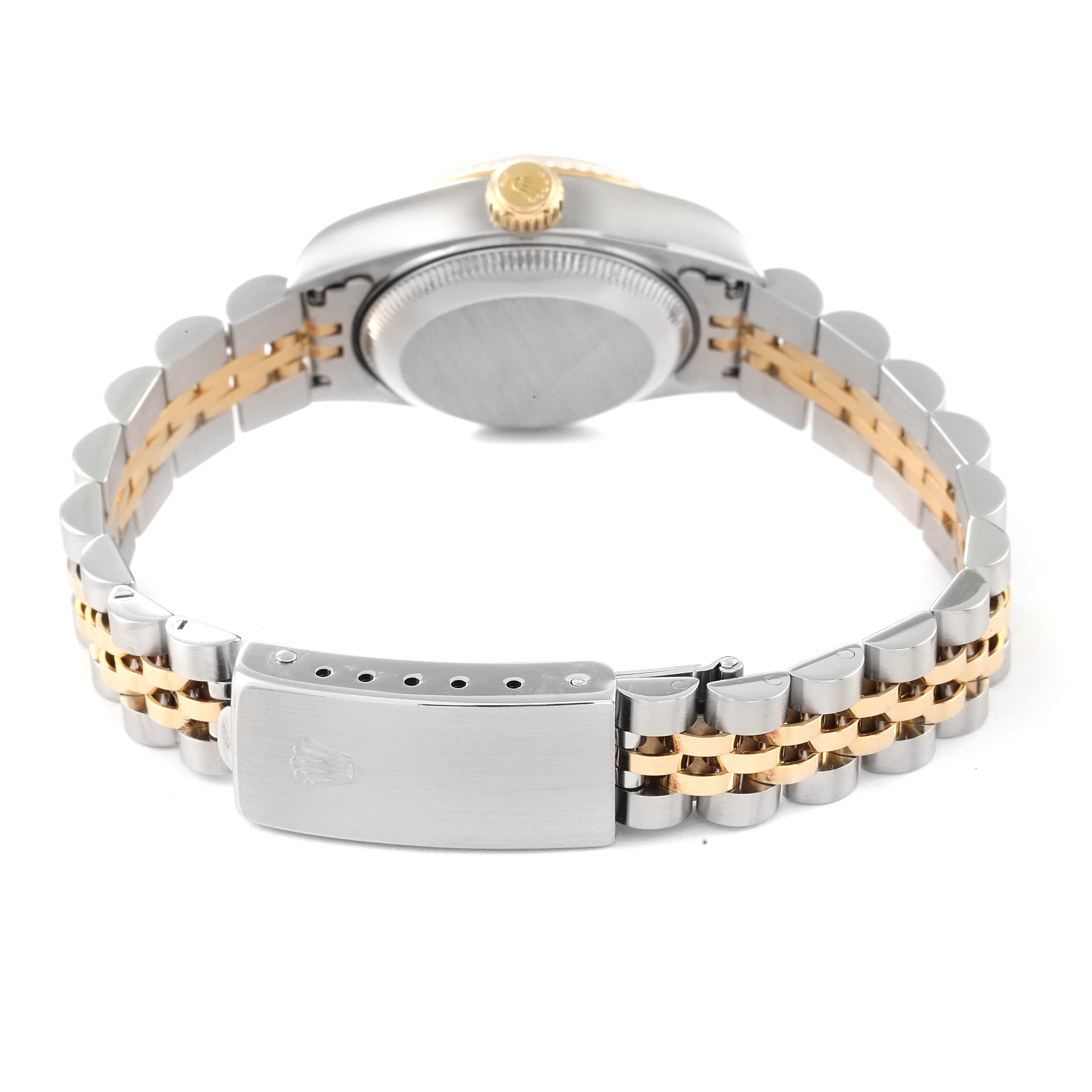 The image shows the back view of a Rolex Datejust 69173 Women
s Steel and Gold (two tone) Grey Dial 69173 Women
s Steel and Gold (two tone) Grey Dial watch, focusing on the bracelet and the closed clasp.