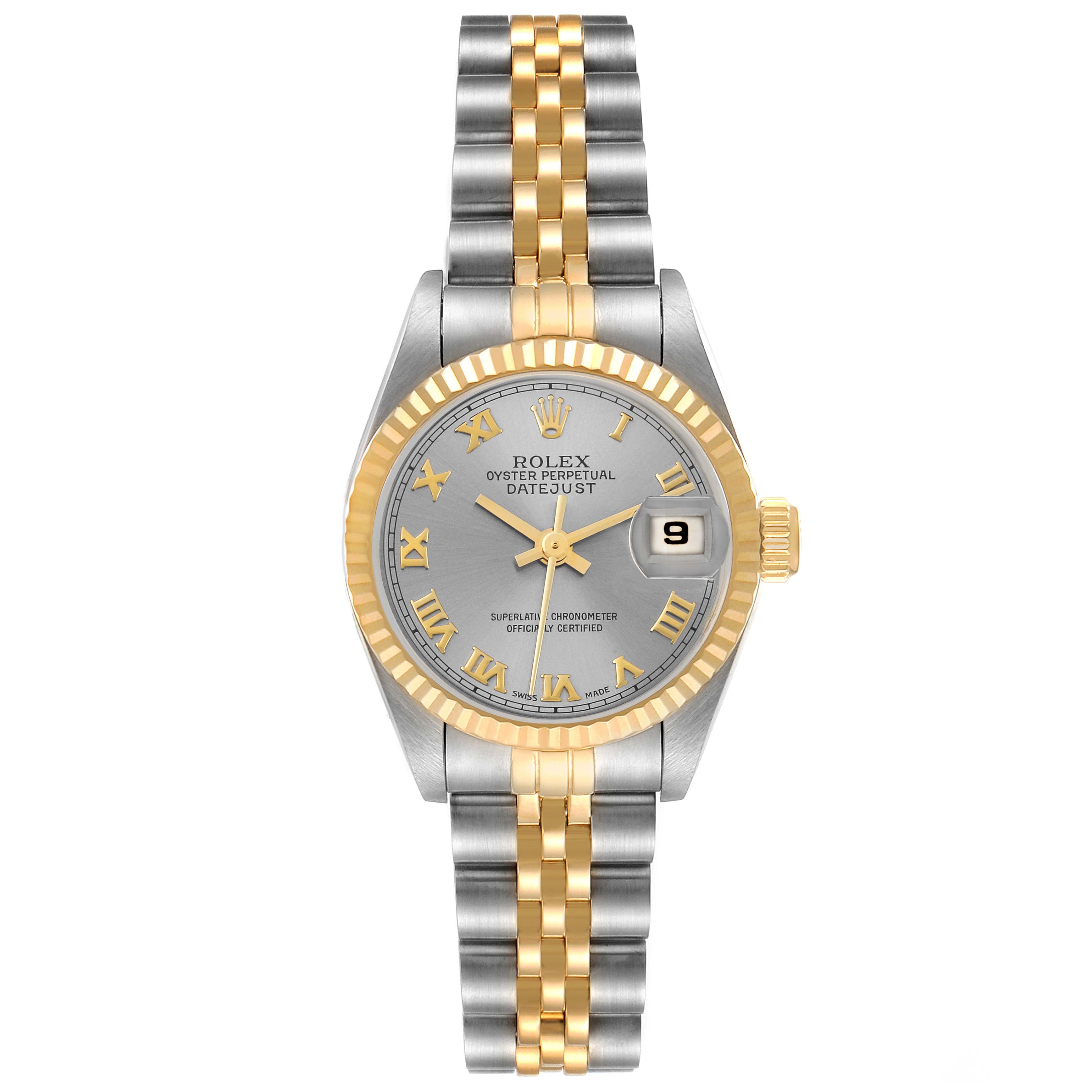 The image shows a Rolex Datejust 69173 Women
s Steel and Gold (two tone) Grey Dial 69173 Women
s Steel and Gold (two tone) Grey Dial watch from the front, highlighting the face, bezel, crown, and two-tone bracelet.