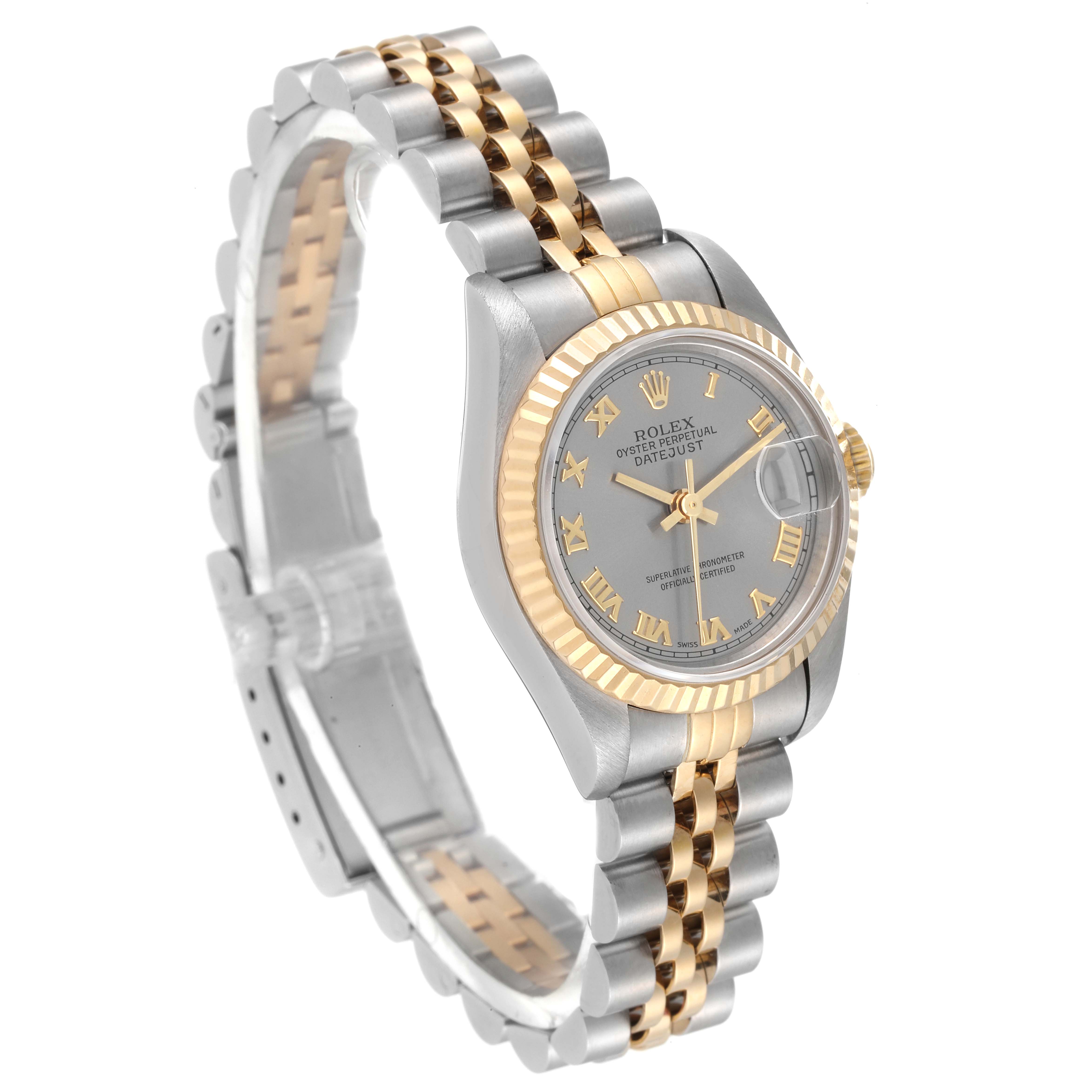 The image shows a side angle of a Rolex Datejust 69173 Women
s Steel and Gold (two tone) Grey Dial 69173 Women
s Steel and Gold (two tone) Grey Dial watch, highlighting its face, bezel, and two-tone bracelet.