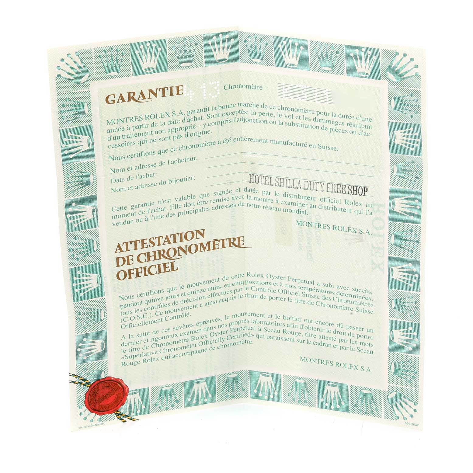 This image shows a folded certificate with a seal, detailing the official chronometer certification for the Rolex Datejust 79163 Women's Steel and Gold (two tone) Mother of Pearl Dial 79163 Women's Steel and Gold (two tone) Mother of Pearl Dial model.