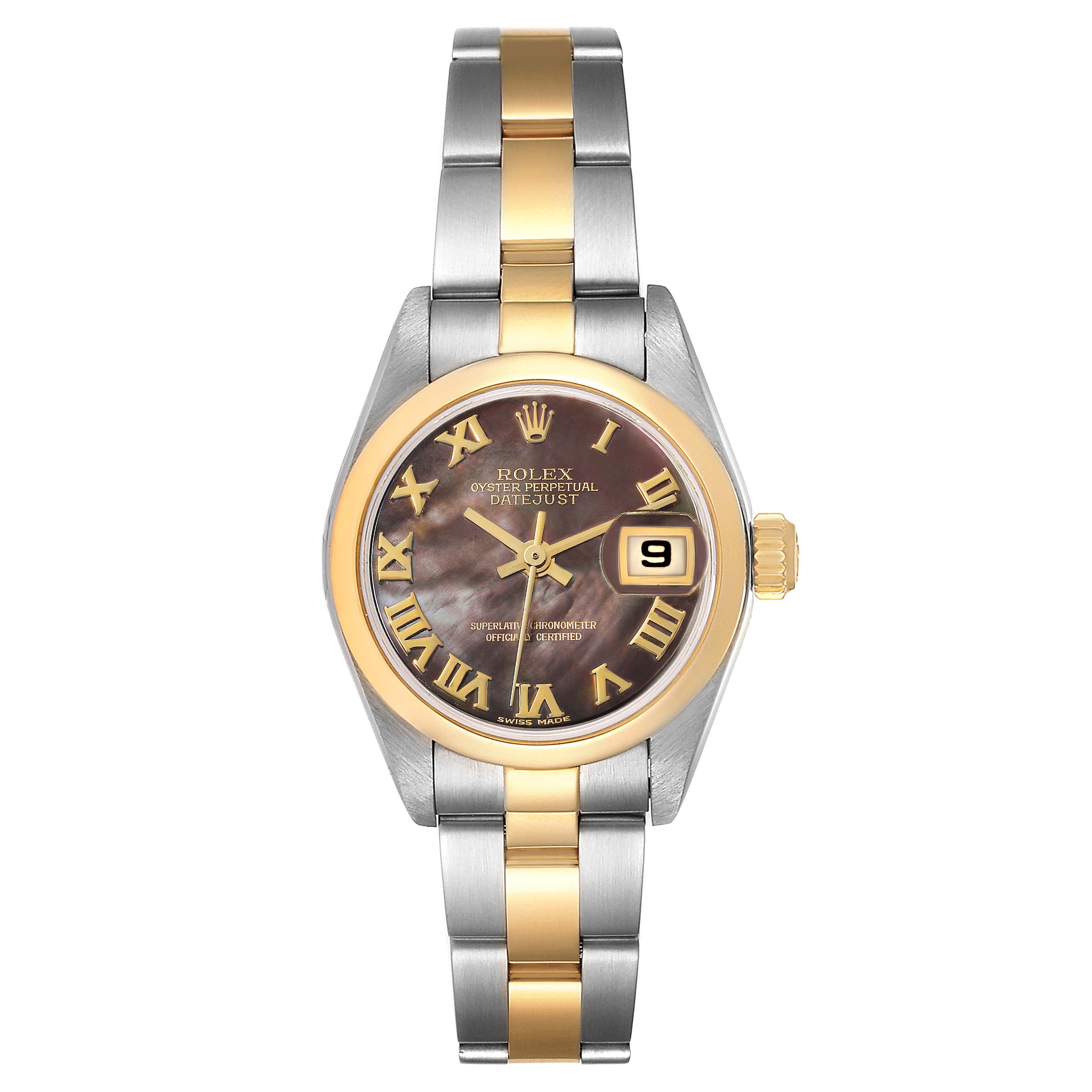 The image shows a front view of a Rolex Datejust 79163 Women's Steel and Gold (two tone) Mother of Pearl Dial 79163 Women's Steel and Gold (two tone) Mother of Pearl Dial watch, highlighting its face, bezel, and two-tone bracelet.