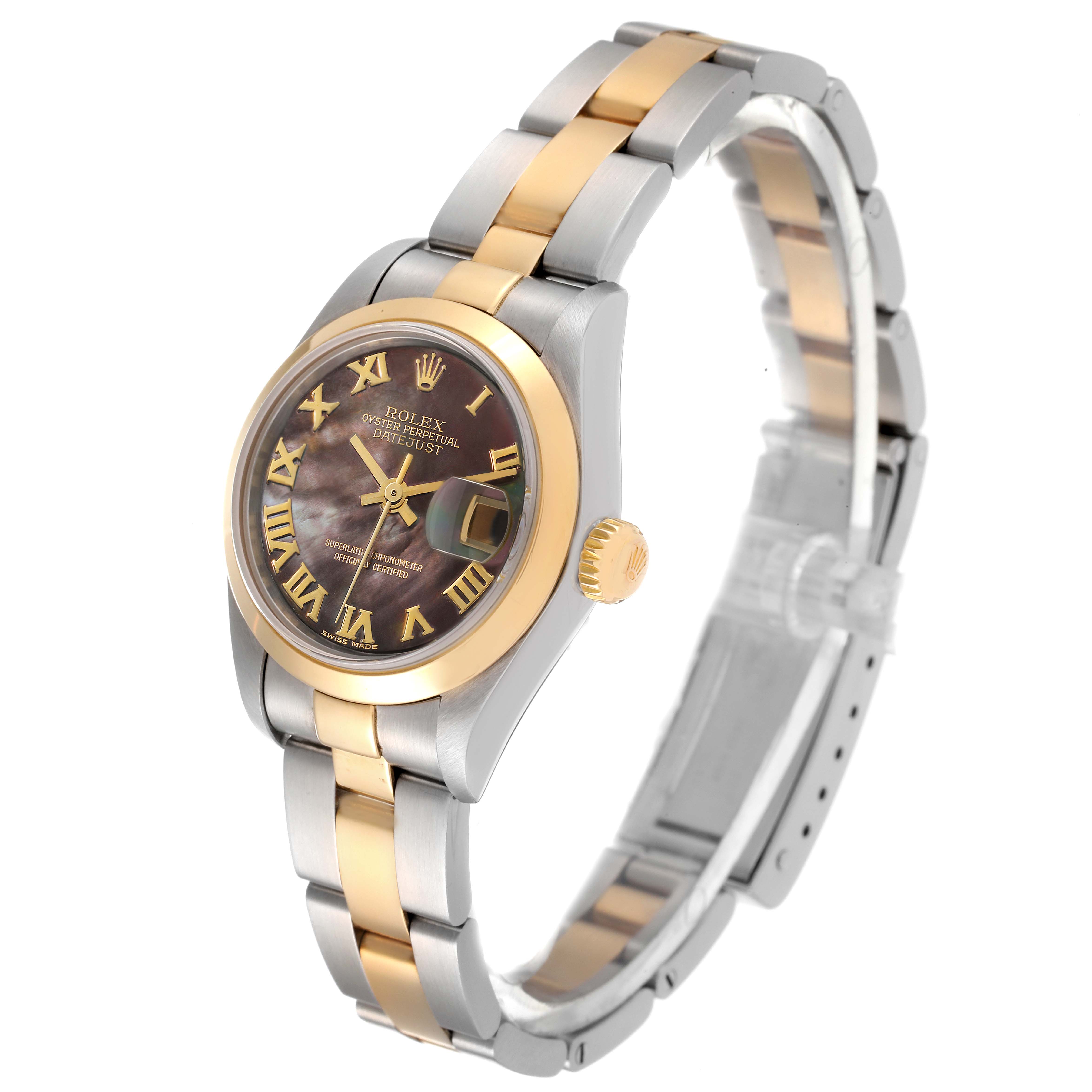 This image shows a Rolex Datejust 79163 Women's Steel and Gold (two tone) Mother of Pearl Dial 79163 Women's Steel and Gold (two tone) Mother of Pearl Dial watch at a slight angle, displaying the face, bezel, crown, and full two-tone bracelet.