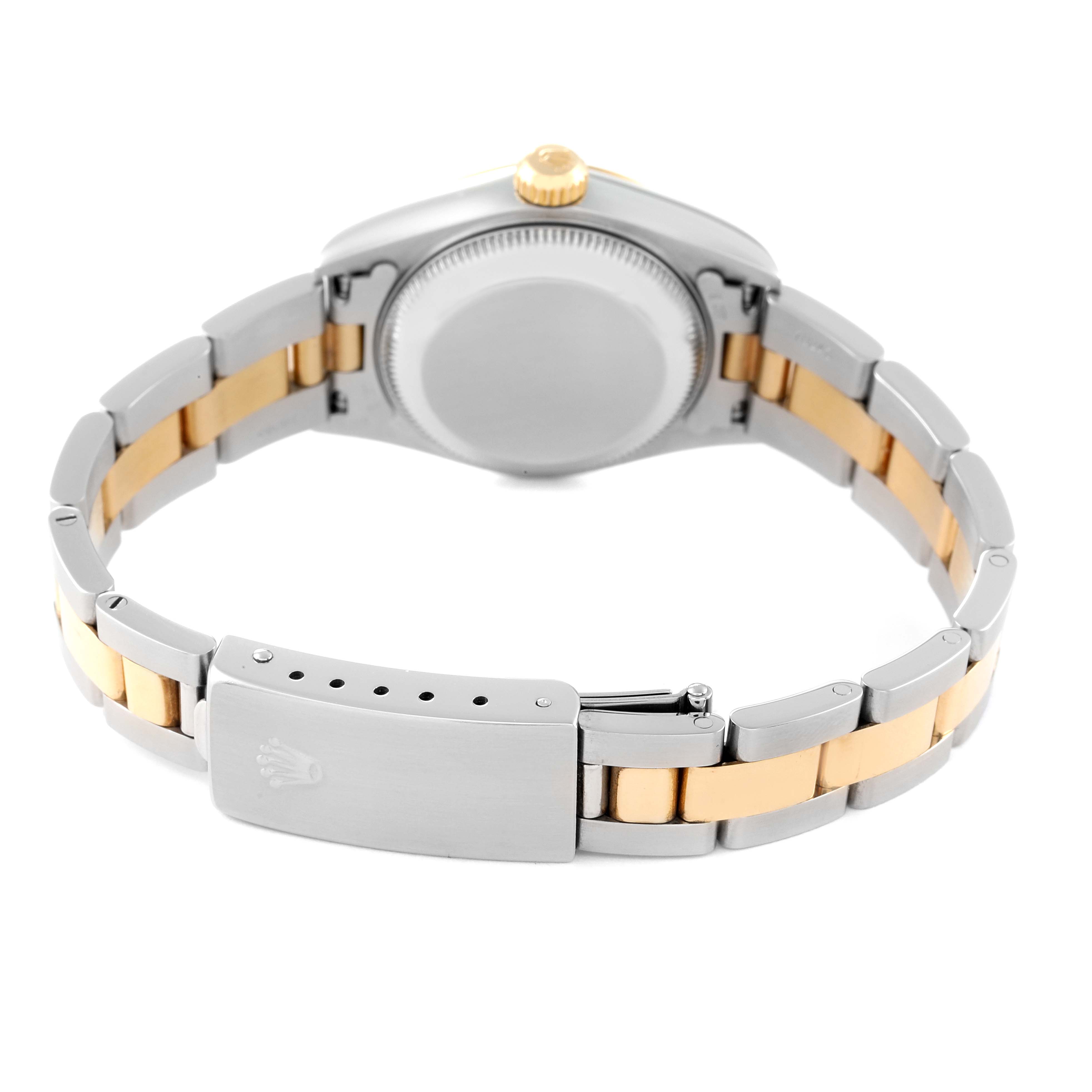 The image shows the back view of a Rolex Datejust 79163 Women's Steel and Gold (two tone) Mother of Pearl Dial 79163 Women's Steel and Gold (two tone) Mother of Pearl Dial watch, highlighting the clasp and bracelet.