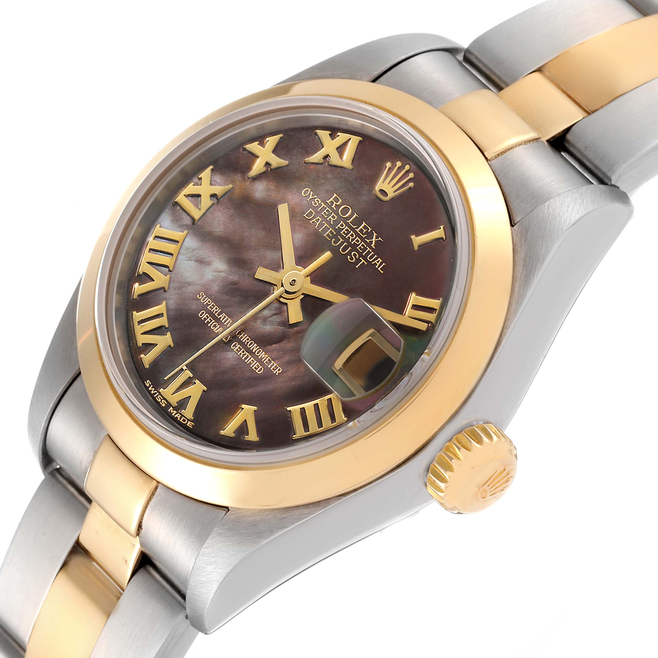 This image shows a close-up of the Rolex Datejust 79163 Women's Steel and Gold (two tone) Mother of Pearl Dial 79163 Women's Steel and Gold (two tone) Mother of Pearl Dial watch's face, bezel, crown, and part of the bracelet.