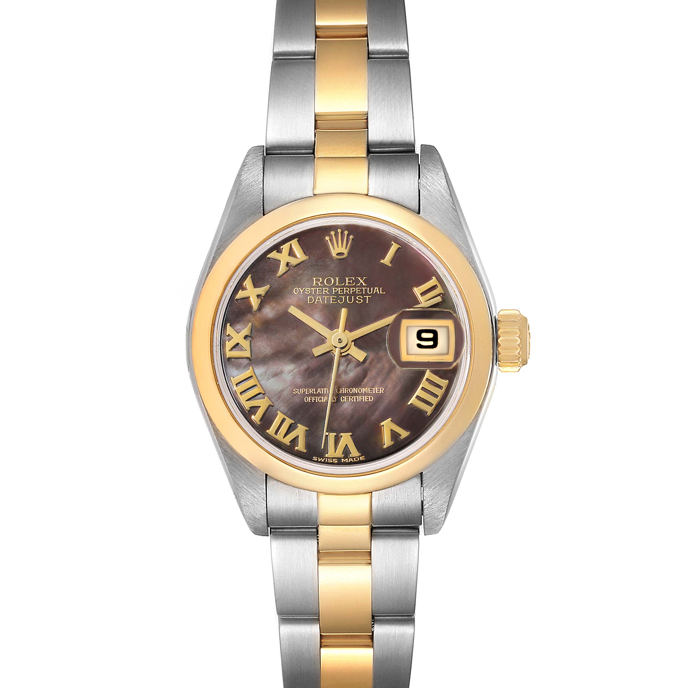 A front view of the Rolex Datejust 79163 Women's Steel and Gold (two tone) Mother of Pearl Dial 79163 Women's Steel and Gold (two tone) Mother of Pearl Dial watch, showing the dial, bezel, bracelet, and date display.