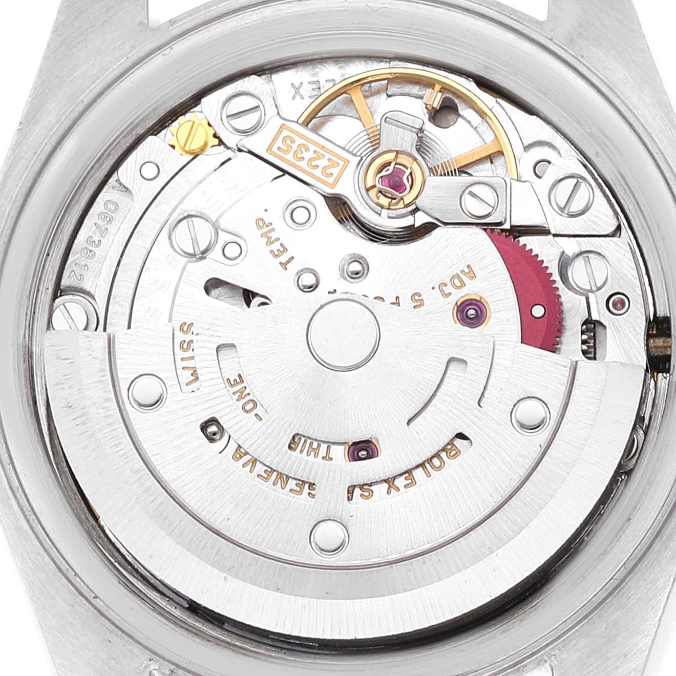 This image shows the internal movement components of a Rolex Datejust 79163 Women's Steel and Gold (two tone) Mother of Pearl Dial 79163 Women's Steel and Gold (two tone) Mother of Pearl Dial watch from a close-up, top-down angle.