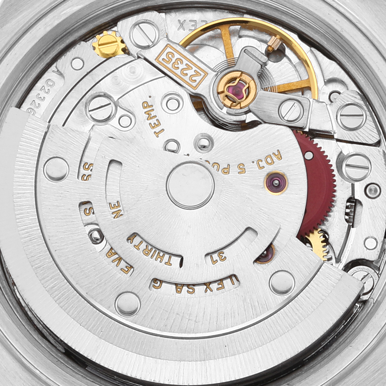 This image shows the intricate internal automatic movement of a Rolex Datejust 79173 Women's Steel and Gold (two tone) Silver Dial 79173 Women's Steel and Gold (two tone) Silver Dial watch from a top-down angle.