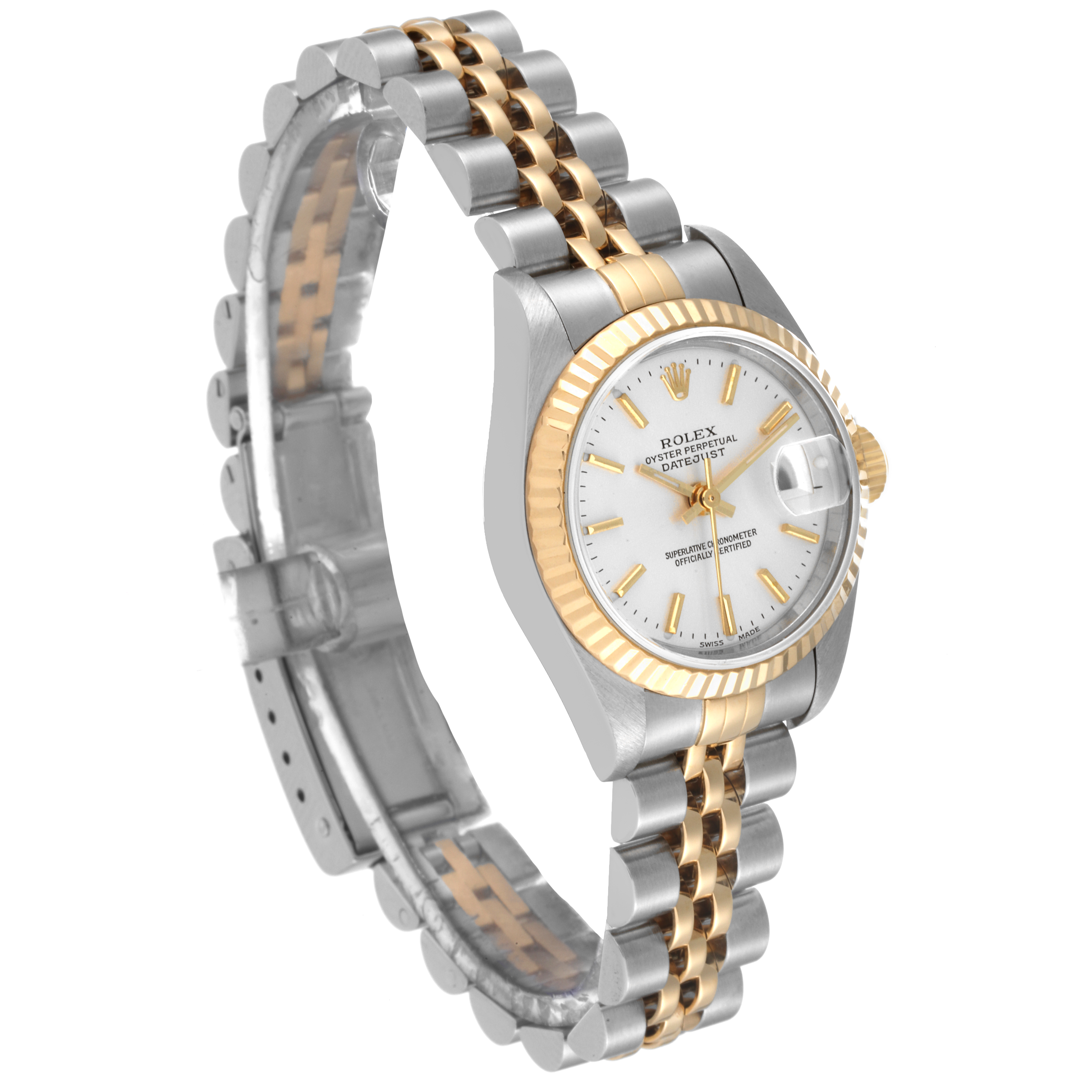 The Rolex Datejust 79173 Women's Steel and Gold (two tone) Silver Dial 79173 Women's Steel and Gold (two tone) Silver Dial is shown from a front-left angle, displaying the face, bezel, and Jubilee bracelet.