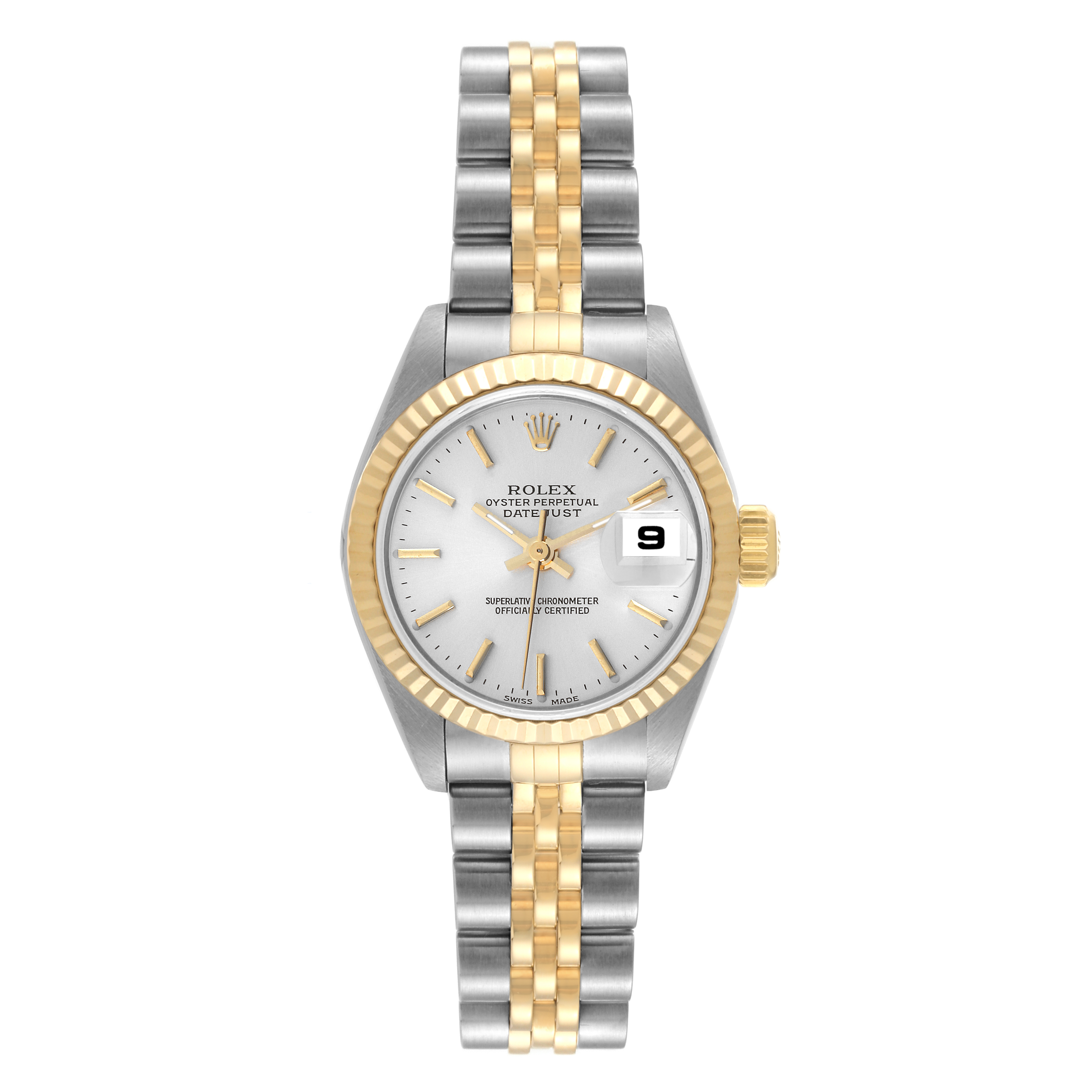 The image shows a front view of the Rolex Datejust 79173 Women's Steel and Gold (two tone) Silver Dial 79173 Women's Steel and Gold (two tone) Silver Dial watch, featuring its two-tone bracelet, white dial, and date window.
