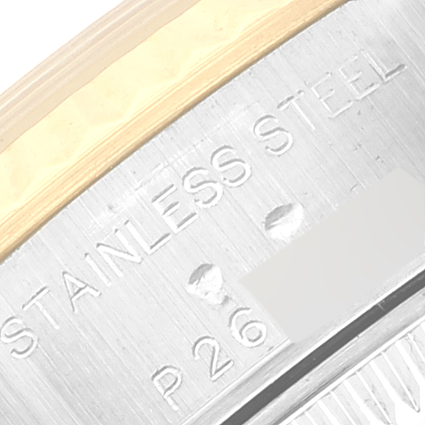 Close-up of the side of a Rolex Datejust 79173 Women's Steel and Gold (two tone) Silver Dial 79173 Women's Steel and Gold (two tone) Silver Dial showing the stainless steel case and part of the bezel.