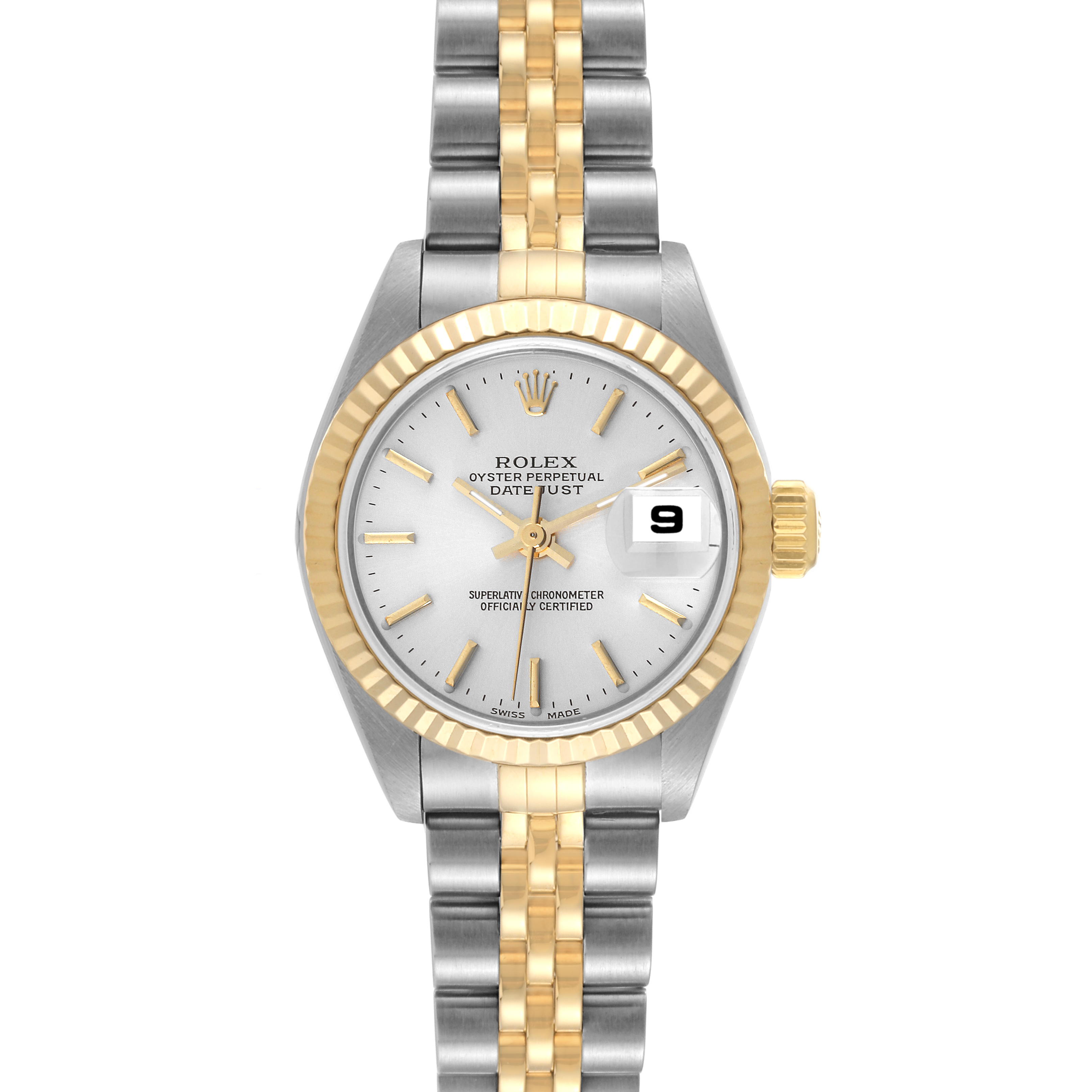 The image shows a Rolex Datejust 79173 Women's Steel and Gold (two tone) Silver Dial 79173 Women's Steel and Gold (two tone) Silver Dial watch at a front angle, displaying the dial, bezel, crown, and two-tone bracelet.