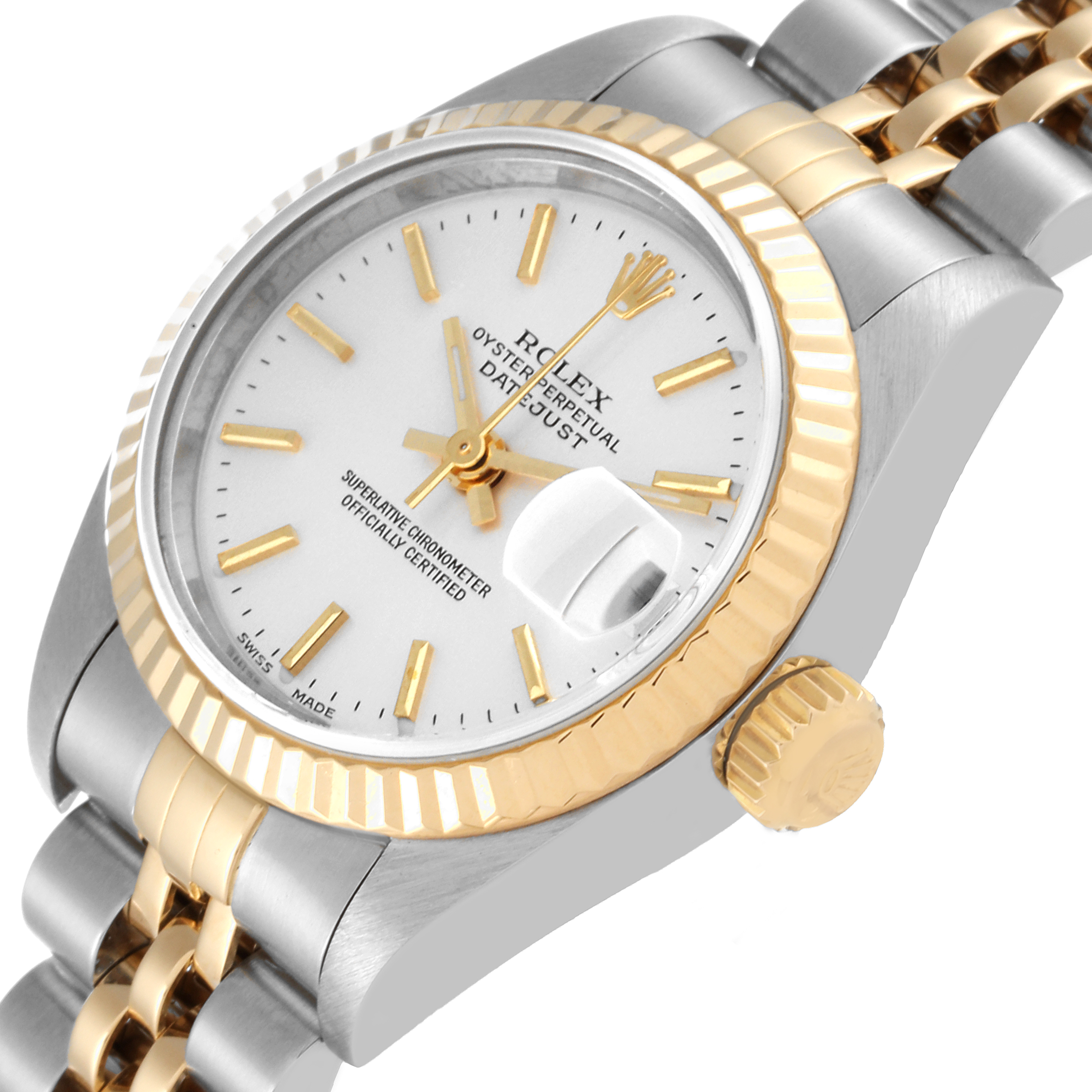 The image shows a close-up of the Rolex Datejust 79173 Women's Steel and Gold (two tone) Silver Dial 79173 Women's Steel and Gold (two tone) Silver Dial watch face, bezel, crown, and part of the bracelet at an angle.