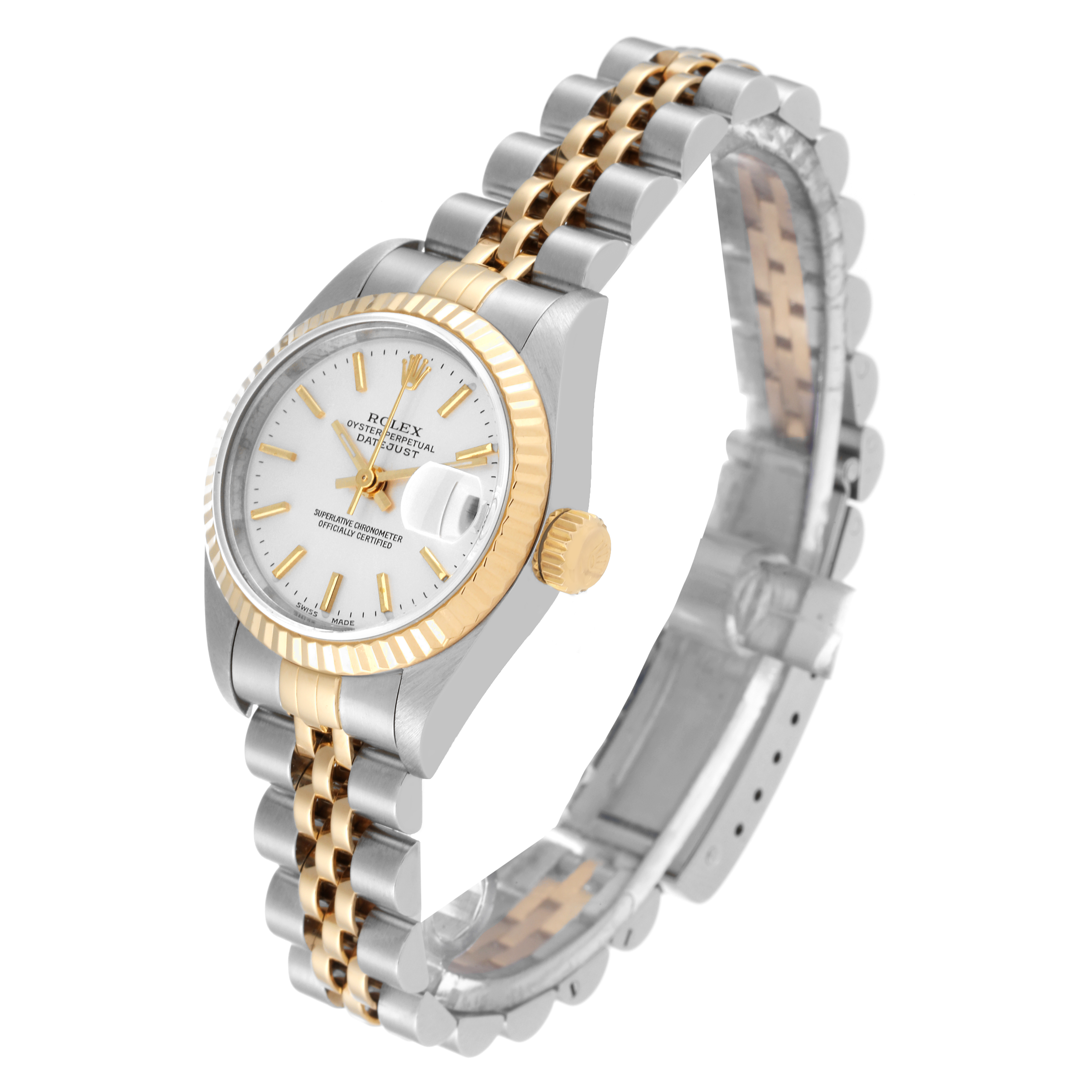 This Rolex Datejust 79173 Women's Steel and Gold (two tone) Silver Dial 79173 Women's Steel and Gold (two tone) Silver Dial watch is shown at a tilted angle, highlighting the dial, bezel, and Jubilee bracelet.