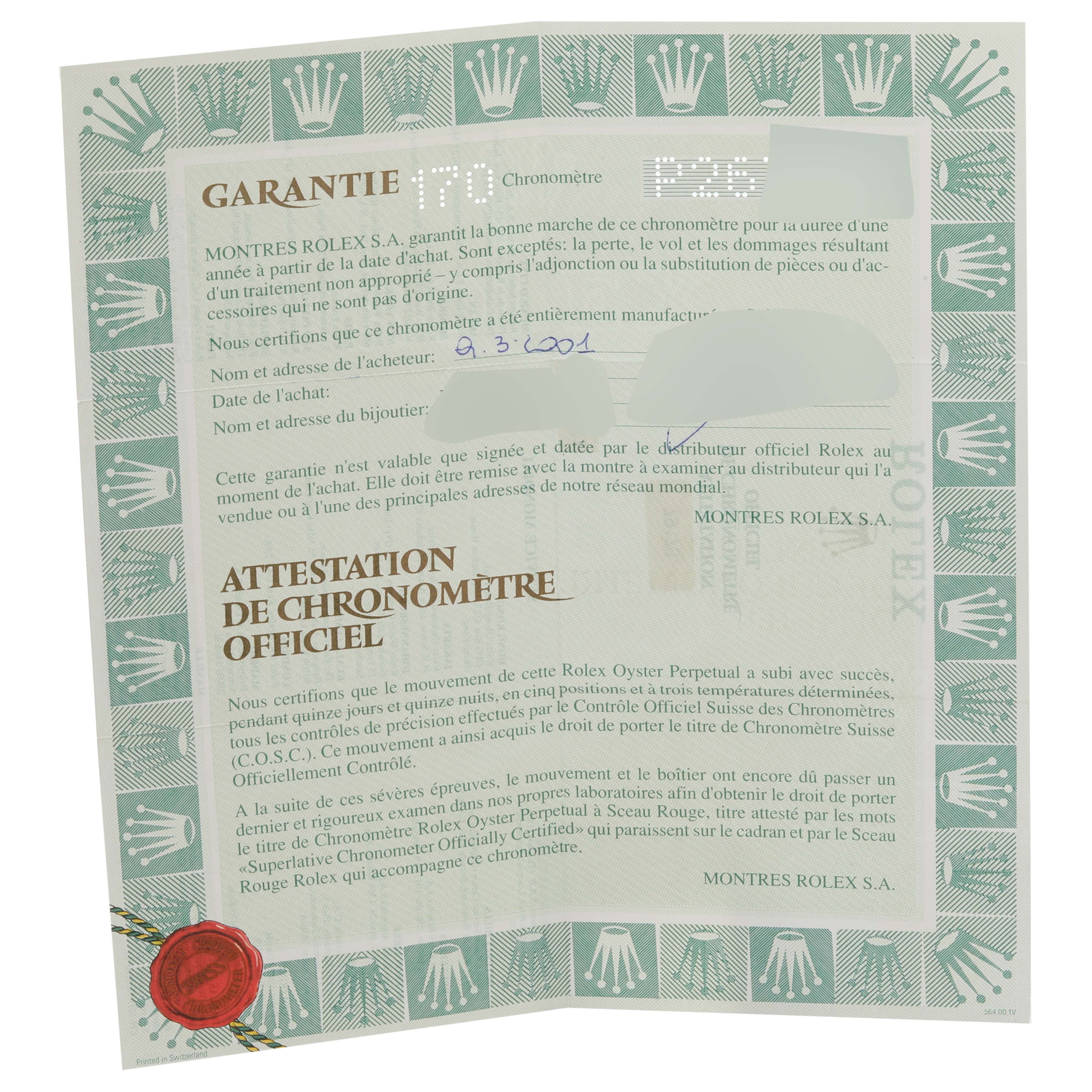 This image shows a warranty and certification document for a Rolex Datejust 79173 Women's Steel and Gold (two tone) Silver Dial 79173 Women's Steel and Gold (two tone) Silver Dial watch.