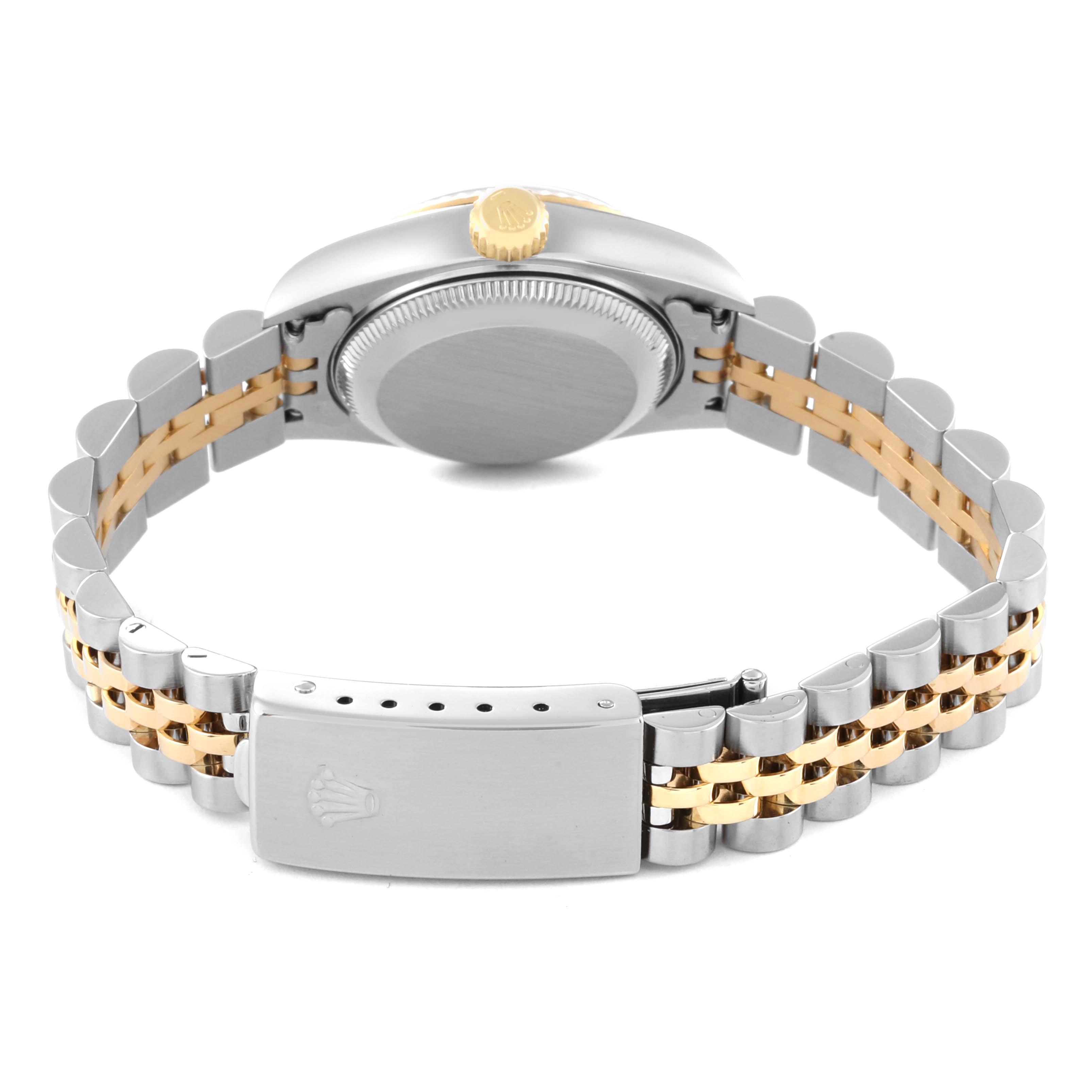 The image shows the backside of a Rolex Datejust 79173 Women's Steel and Gold (two tone) Silver Dial 79173 Women's Steel and Gold (two tone) Silver Dial model, focusing on the bracelet, clasp, and caseback.