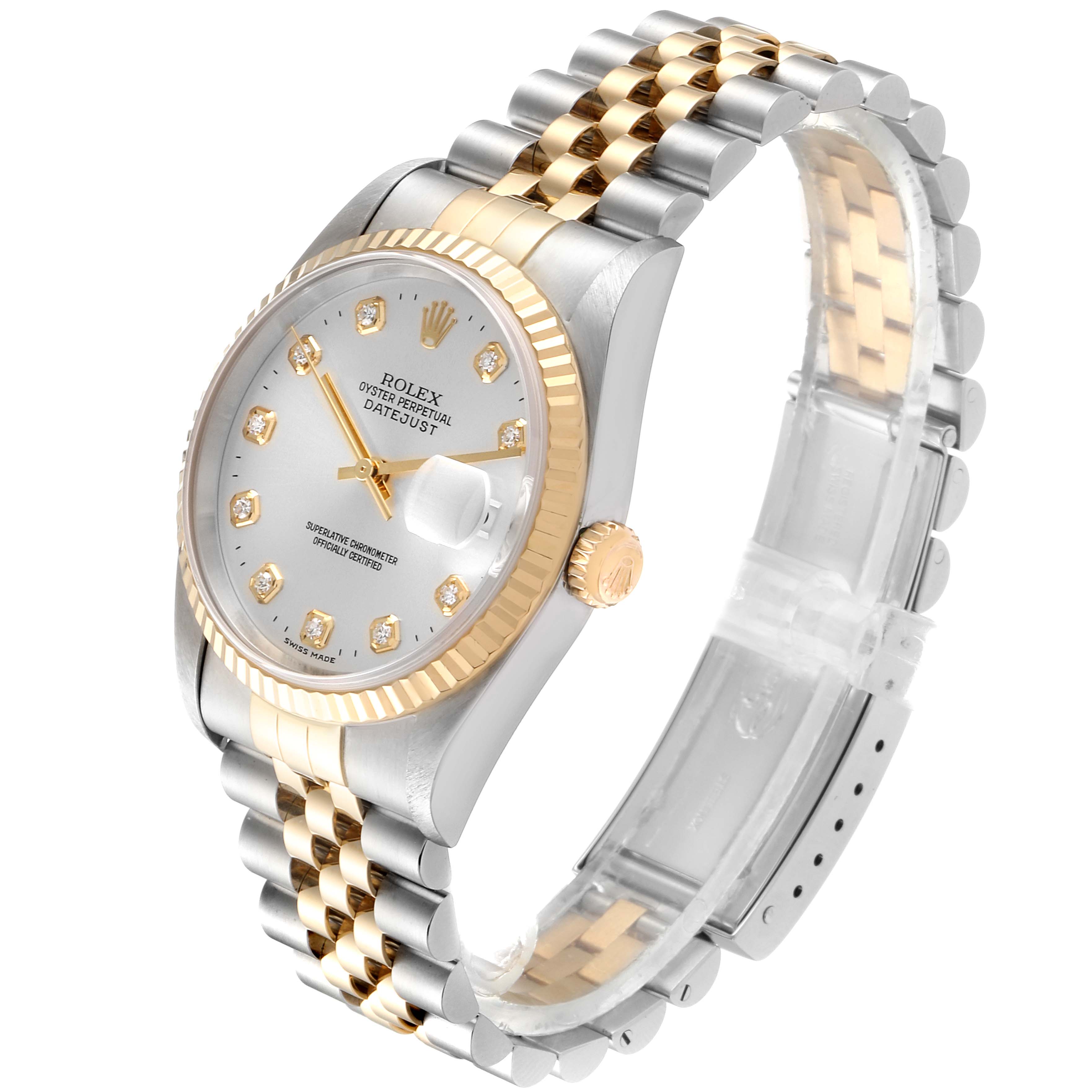 The Rolex Datejust 16233 Men's Steel and Gold (two tone) Silver Dial 16233 Men's Steel and Gold (two tone) Silver Dial watch is shown at an angle highlighting the face, bezel, crown, and bracelet with a two-tone metal design.