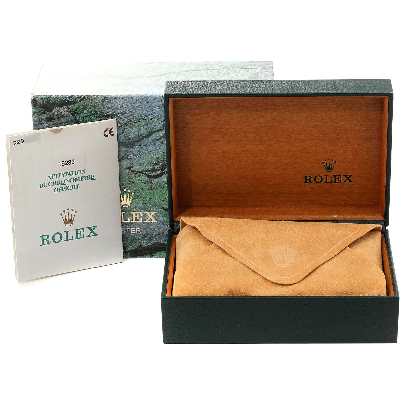 The image shows the packaging for a Rolex Datejust 16233 Men's Steel and Gold (two tone) Silver Dial 16233 Men's Steel and Gold (two tone) Silver Dial watch, including the outer box, inner box, and warranty booklet.