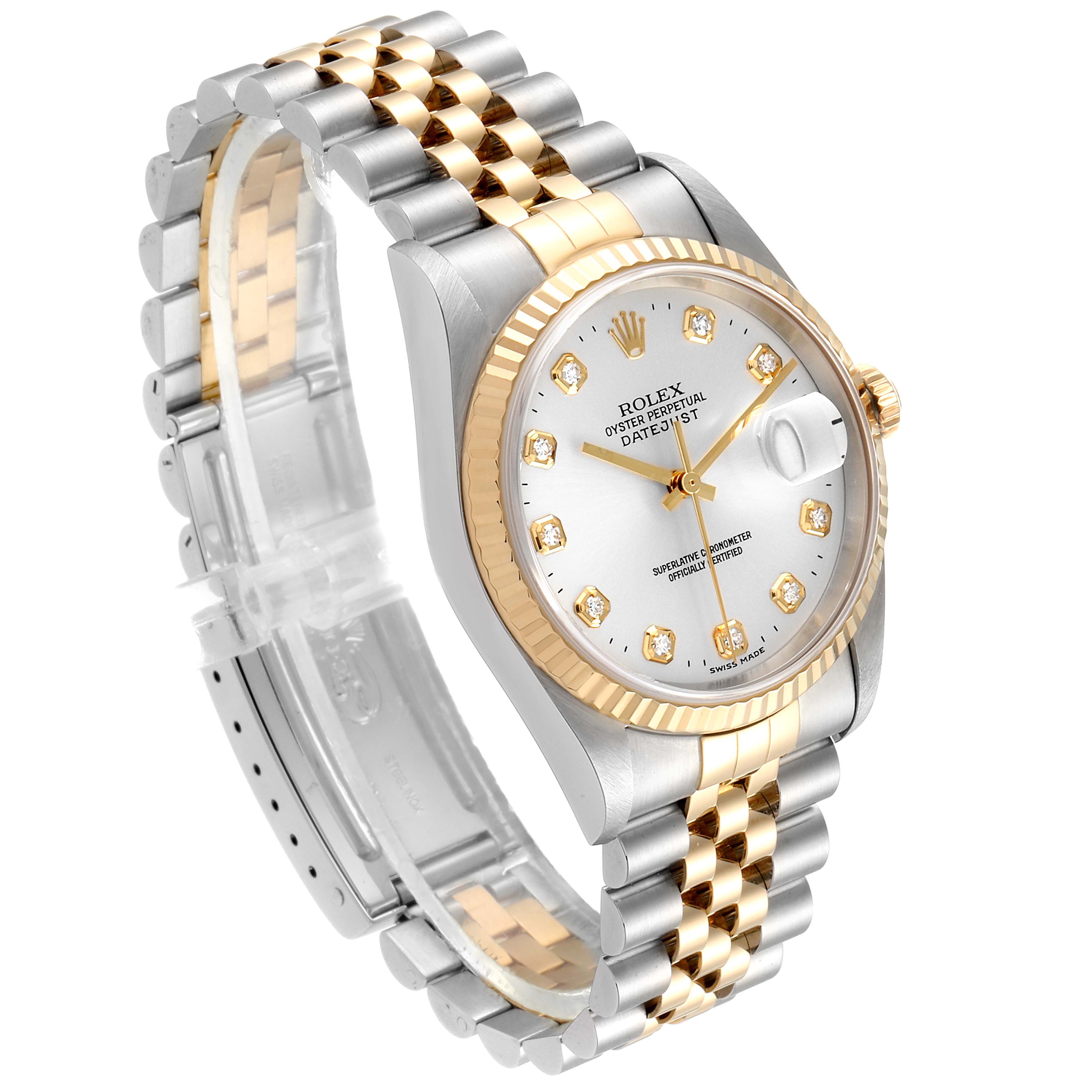 The image shows a Rolex Datejust 16233 Men's Steel and Gold (two tone) Silver Dial 16233 Men's Steel and Gold (two tone) Silver Dial watch at a three-quarter angle, highlighting its fluted bezel, jubilee bracelet, and date window.