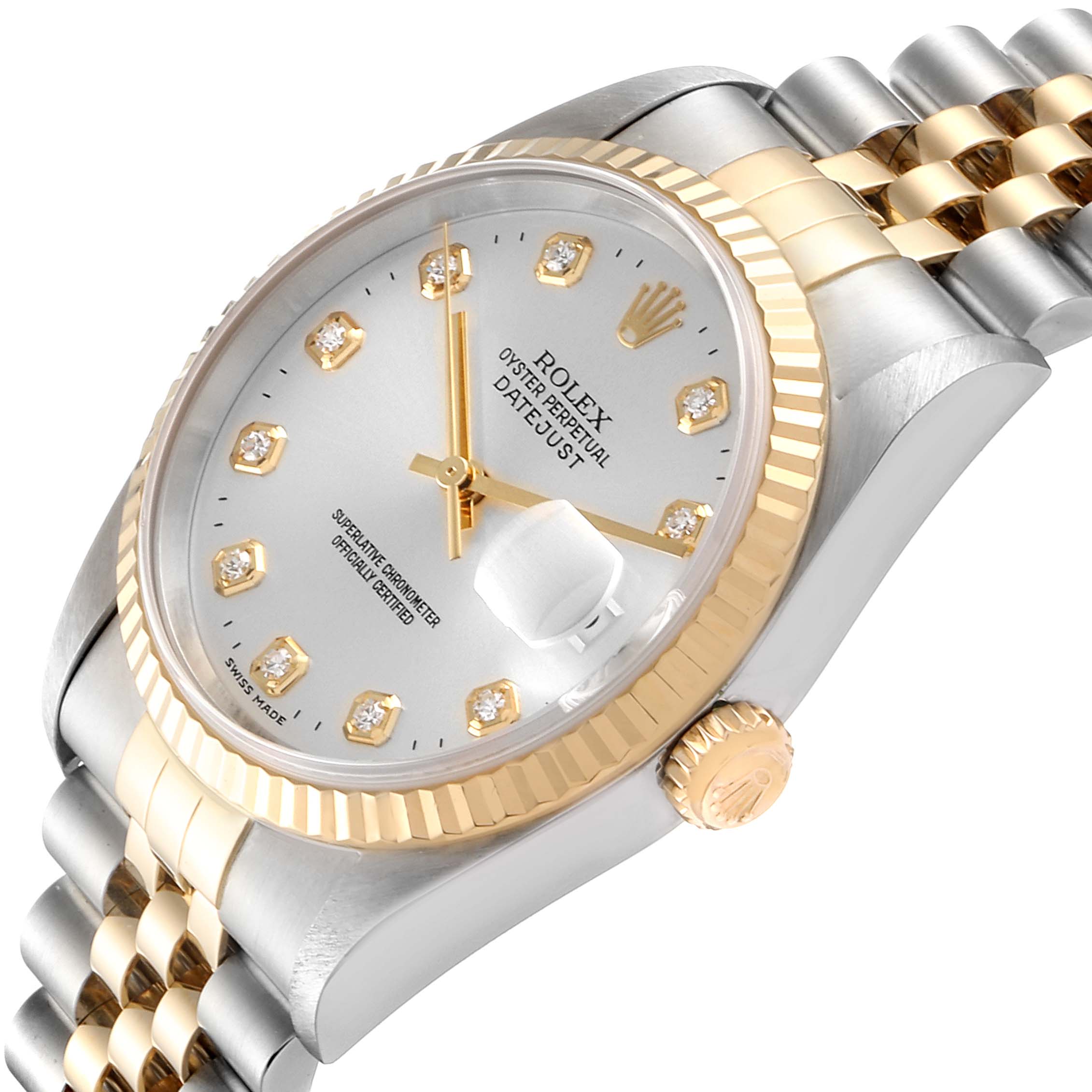 The image shows a side and angled view of the Rolex Datejust 16233 Men's Steel and Gold (two tone) Silver Dial 16233 Men's Steel and Gold (two tone) Silver Dial watch, highlighting the dial, bezel, and bracelet.