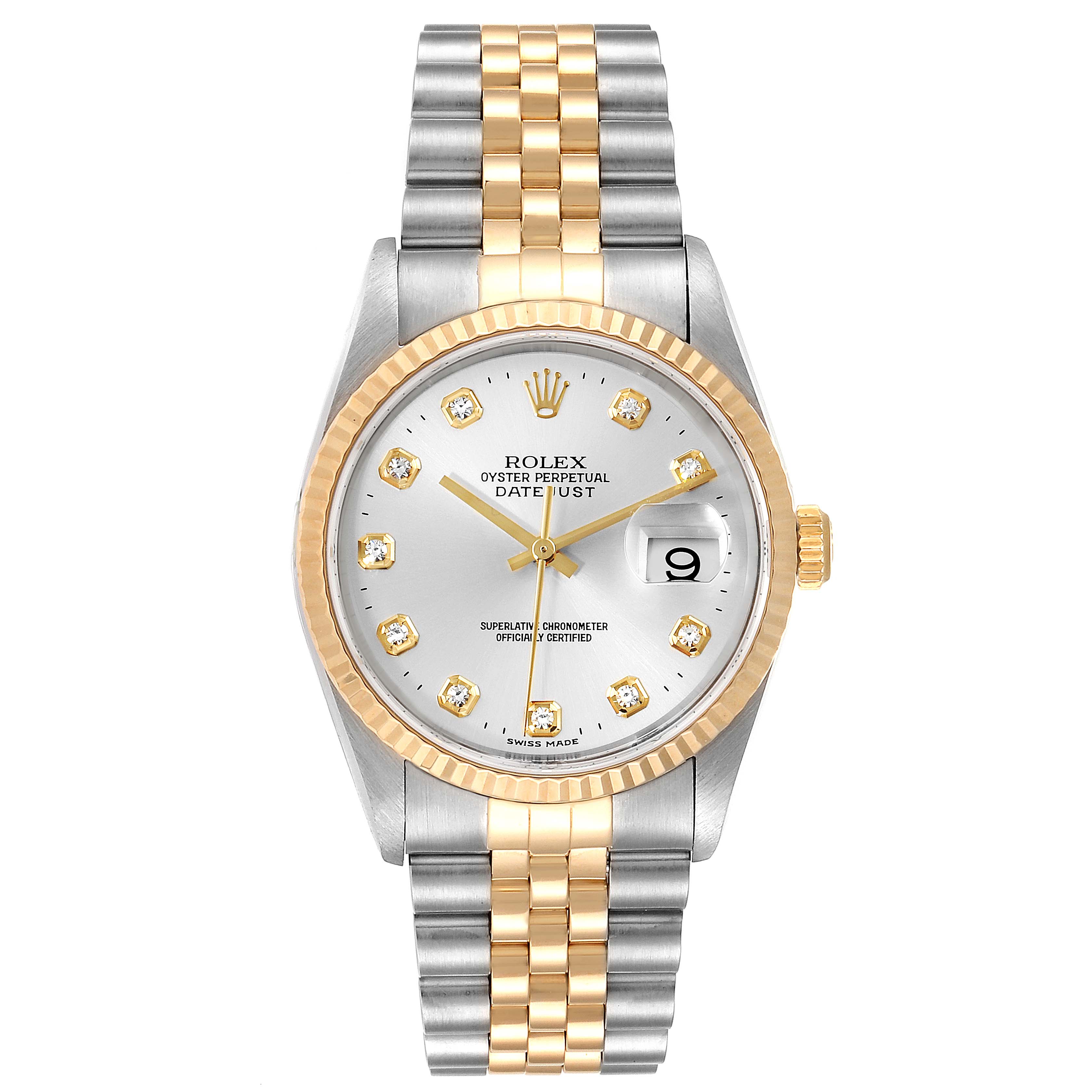 This image shows a front view of a Rolex Datejust 16233 Men's Steel and Gold (two tone) Silver Dial 16233 Men's Steel and Gold (two tone) Silver Dial watch with a two-tone bracelet and diamond hour markers.