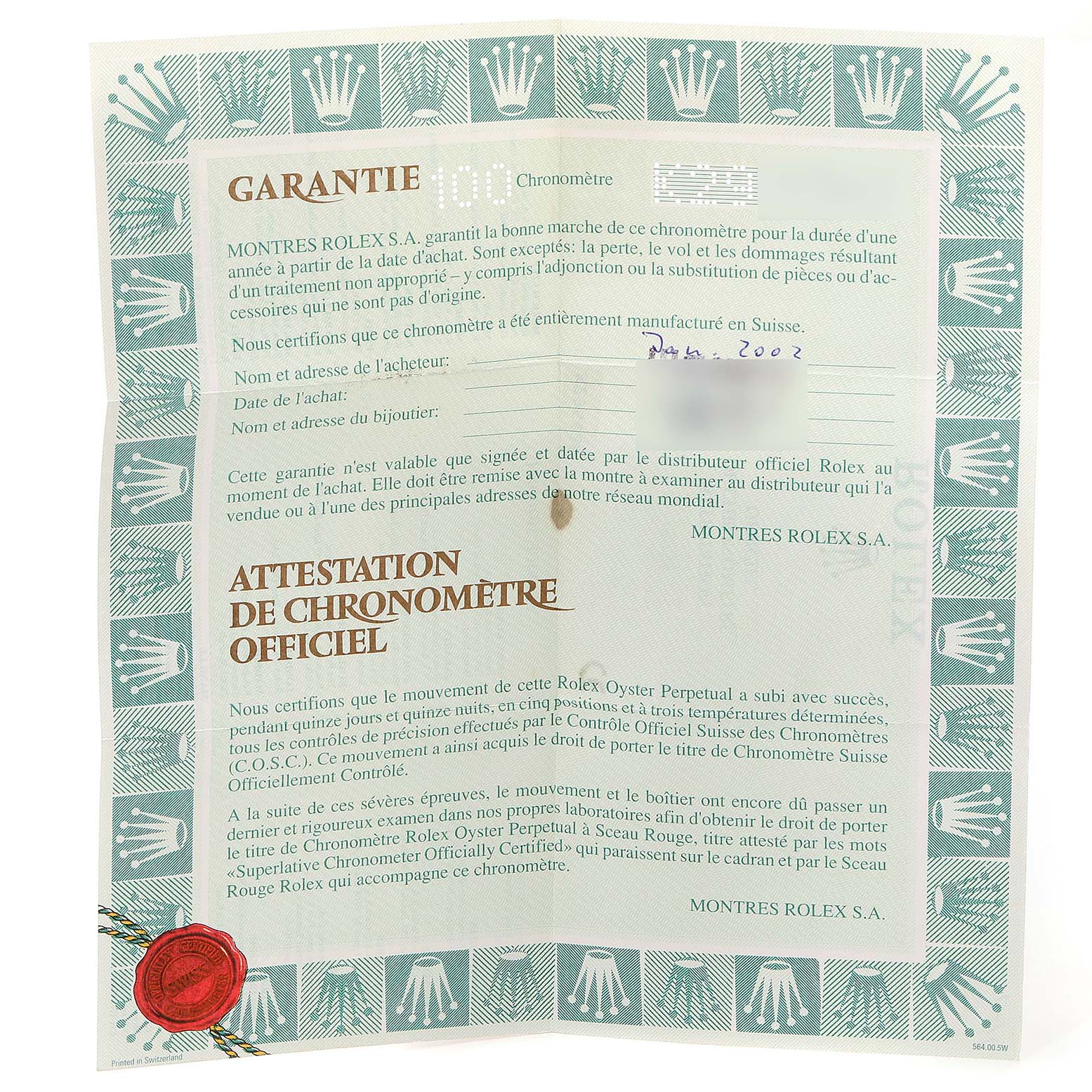 This is the official guarantee and chronometer certificate for the Rolex Datejust 16233 Men's Steel and Gold (two tone) Silver Dial 16233 Men's Steel and Gold (two tone) Silver Dial watch, showing text and logos.