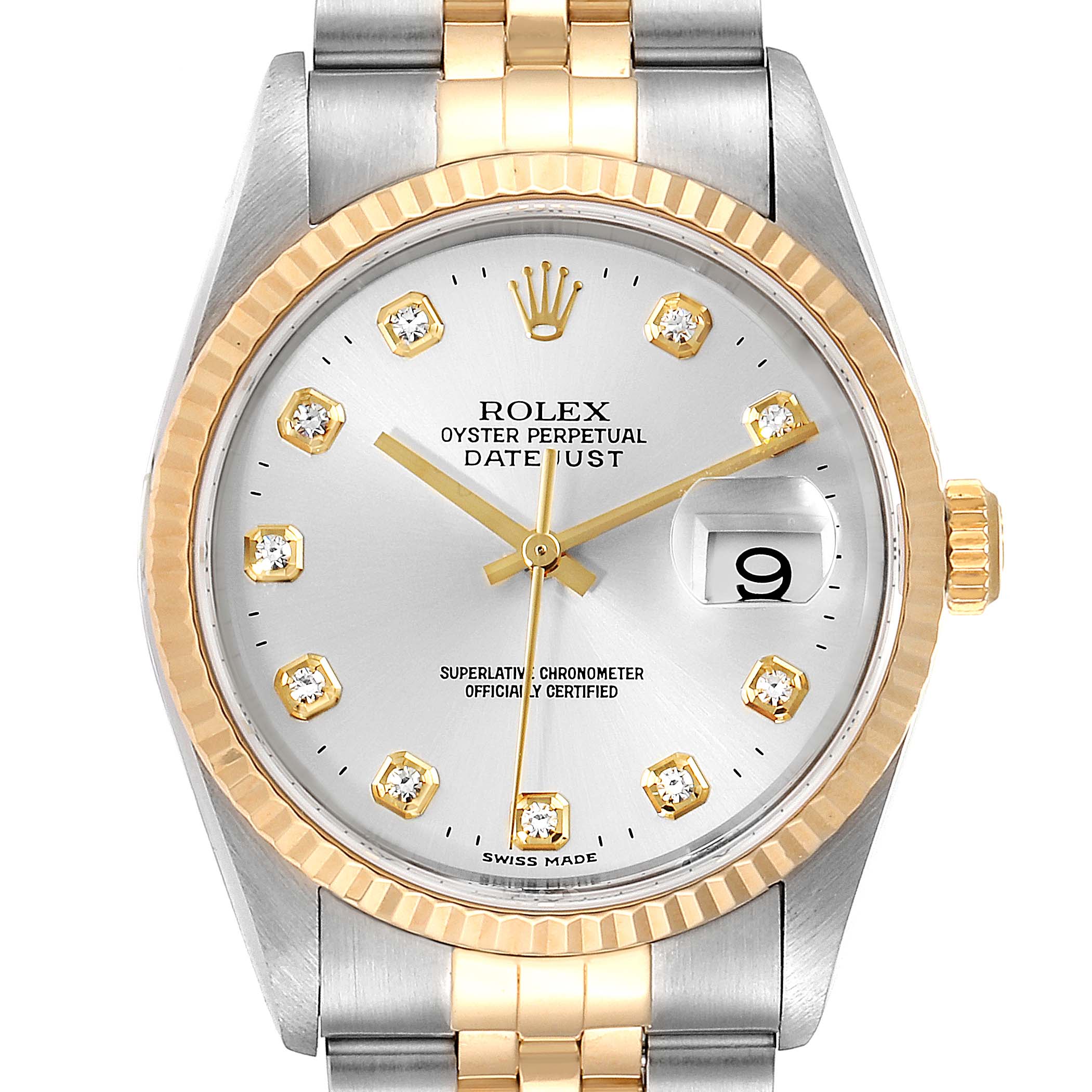 The image shows a Rolex Datejust 16233 Men's Steel and Gold (two tone) Silver Dial 16233 Men's Steel and Gold (two tone) Silver Dial watch from a front angle, featuring its face, bezel, and part of the bracelet.